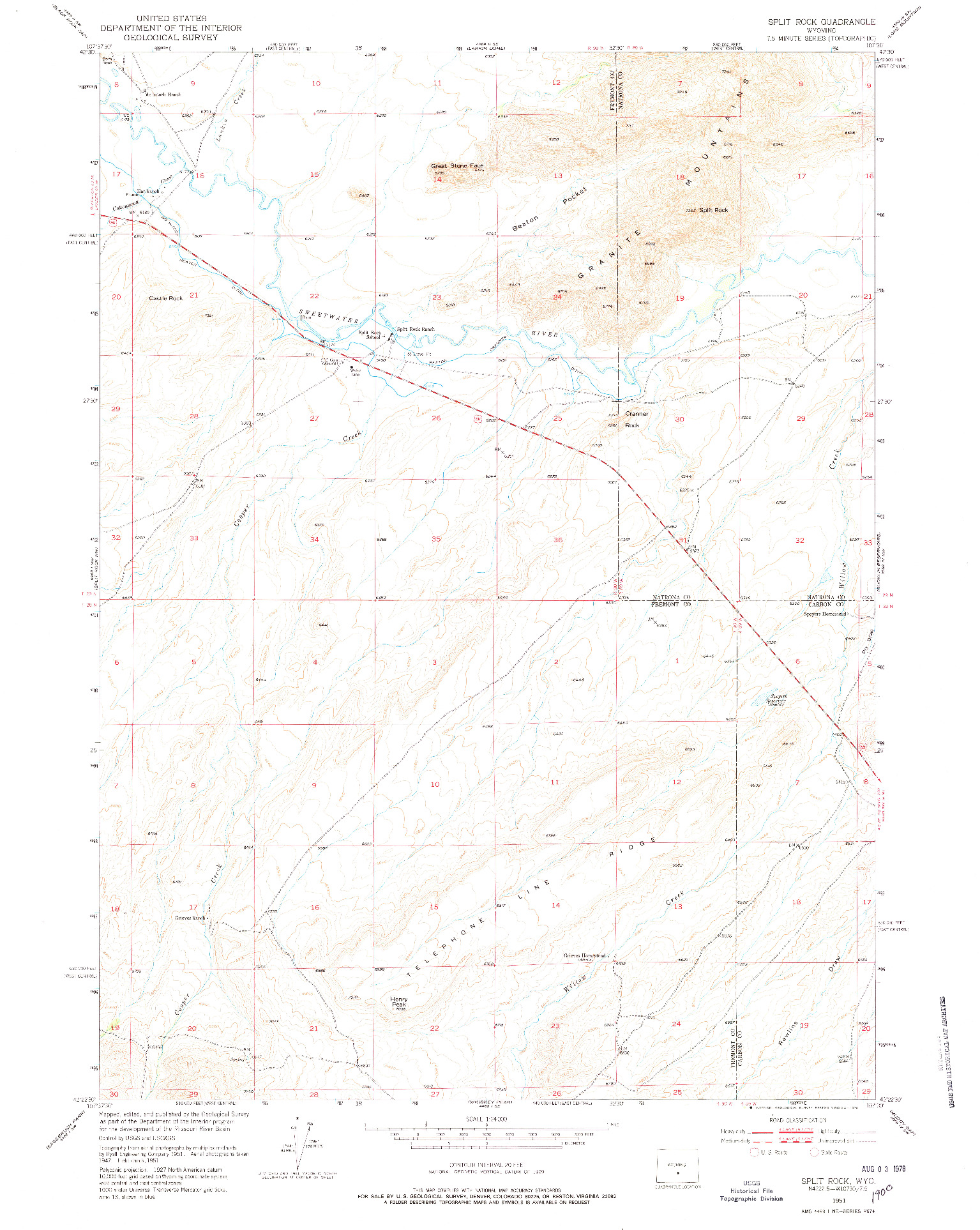 USGS 1:24000-SCALE QUADRANGLE FOR SPLIT ROCK, WY 1951