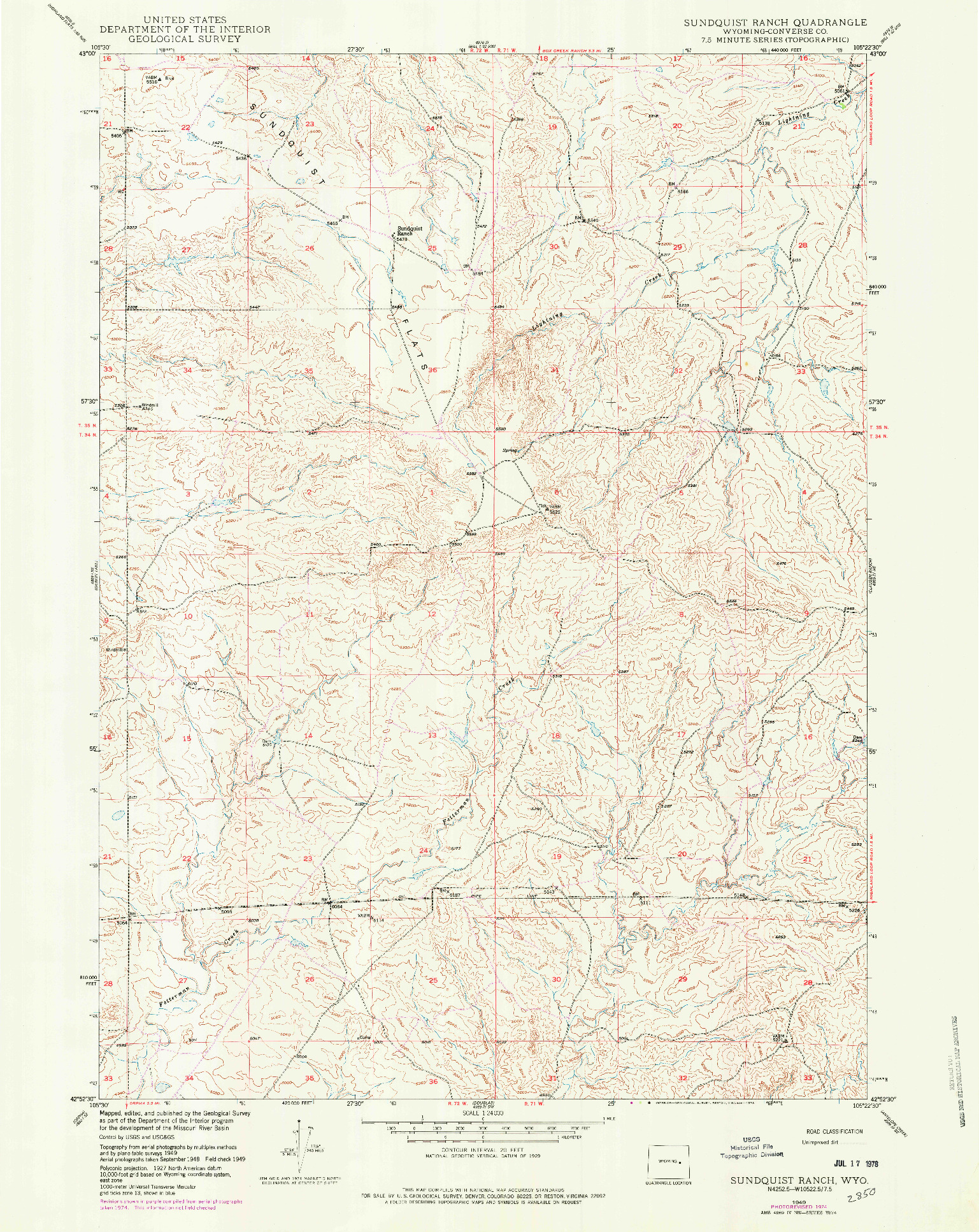 USGS 1:24000-SCALE QUADRANGLE FOR SUNDQUIST RANCH, WY 1949