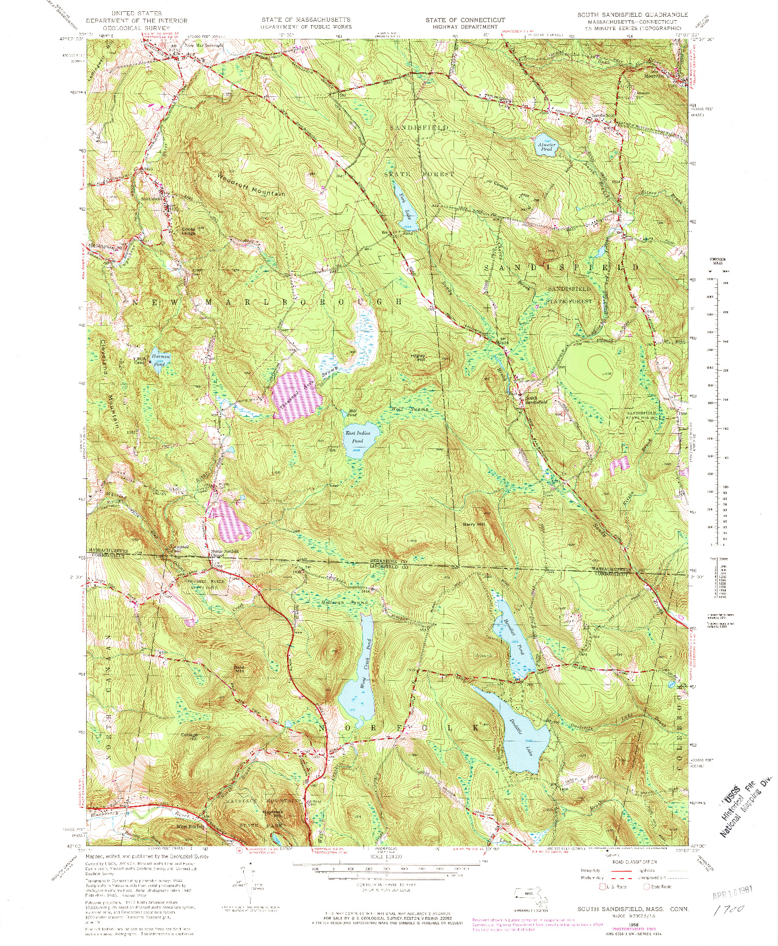 USGS 1:24000-SCALE QUADRANGLE FOR SOUTH SANDISFIELD, MA 1958