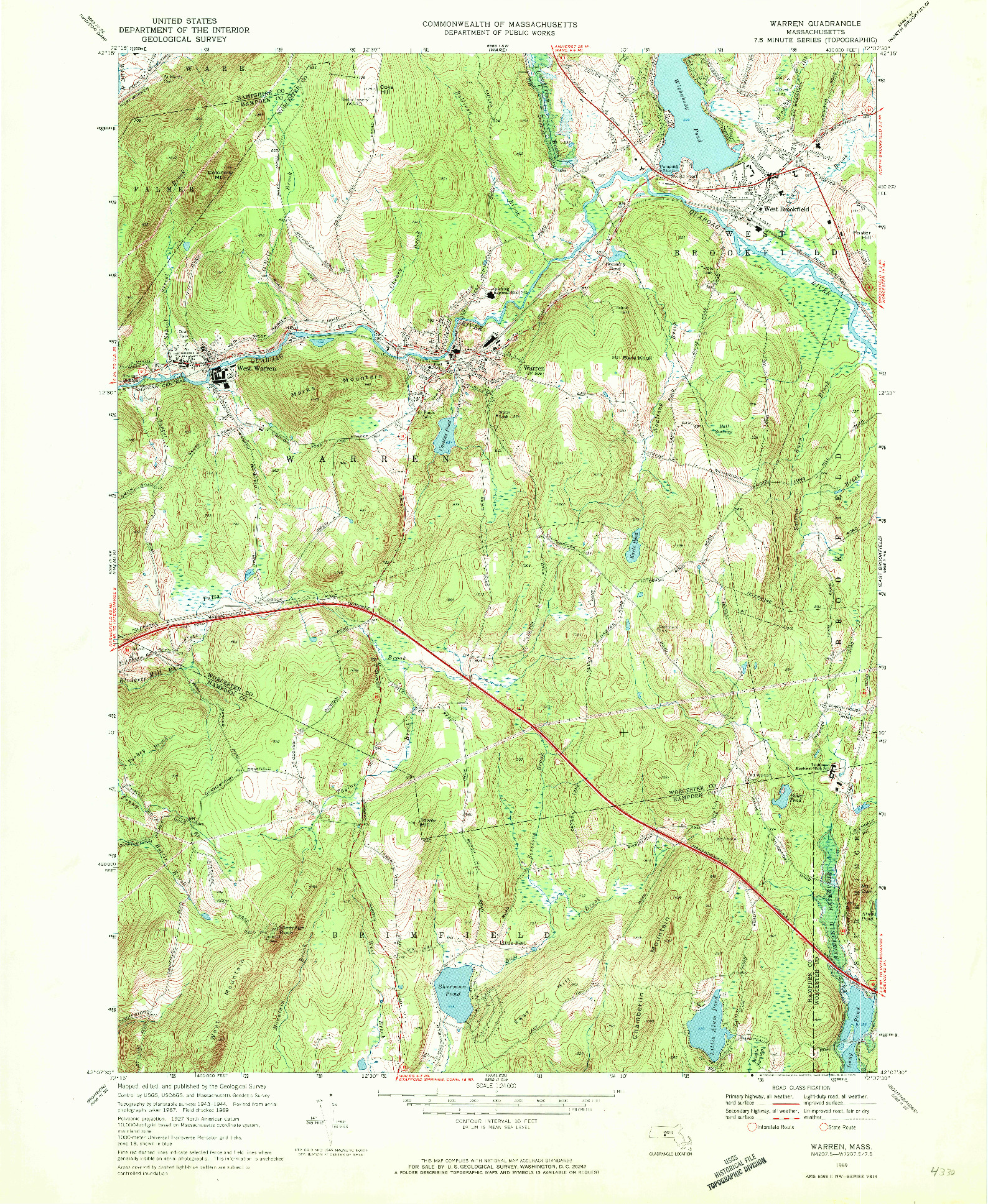 USGS 1:24000-SCALE QUADRANGLE FOR WARREN, MA 1969