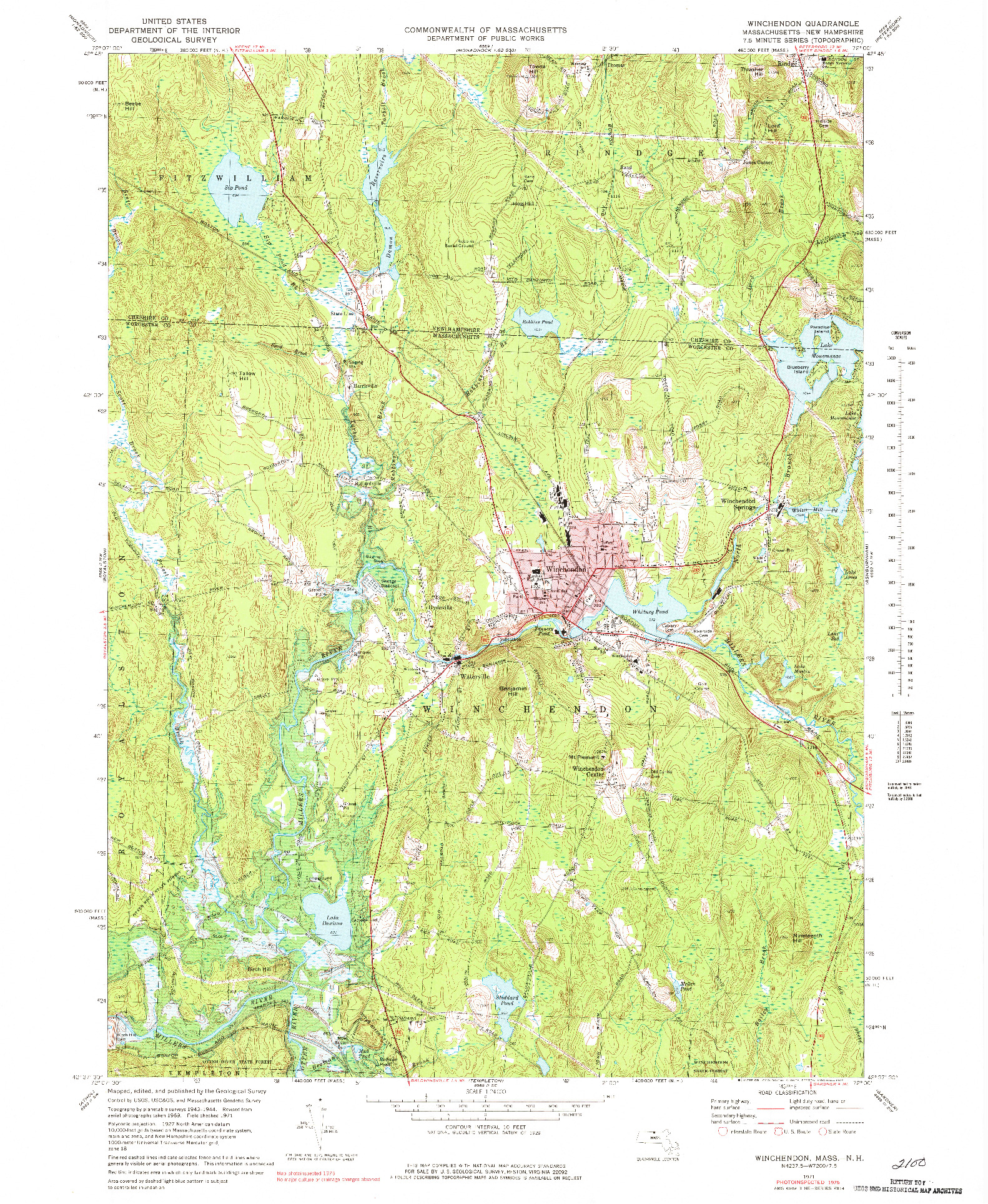 USGS 1:24000-SCALE QUADRANGLE FOR WINCHENDON, MA 1971