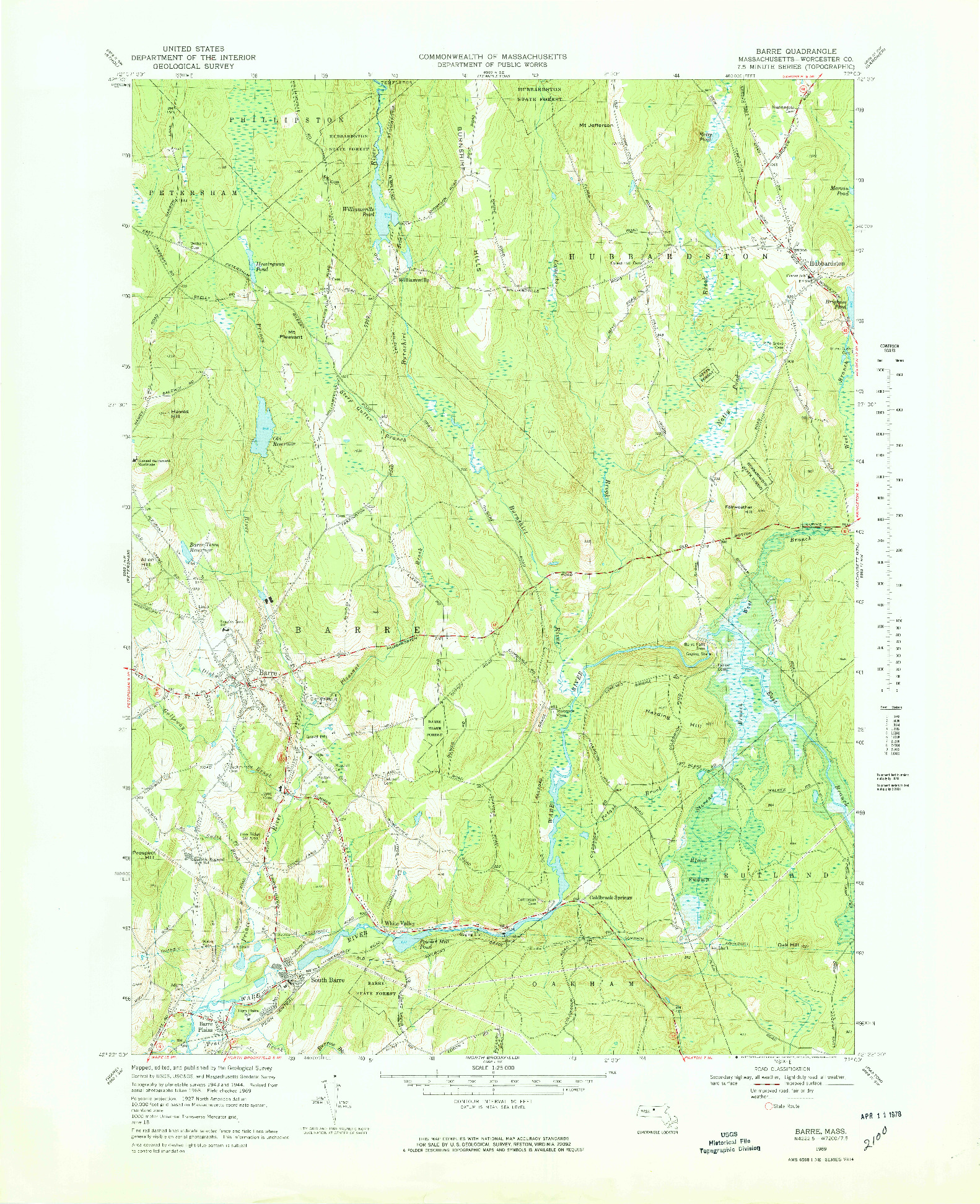 USGS 1:25000-SCALE QUADRANGLE FOR BARRE, MA 1969