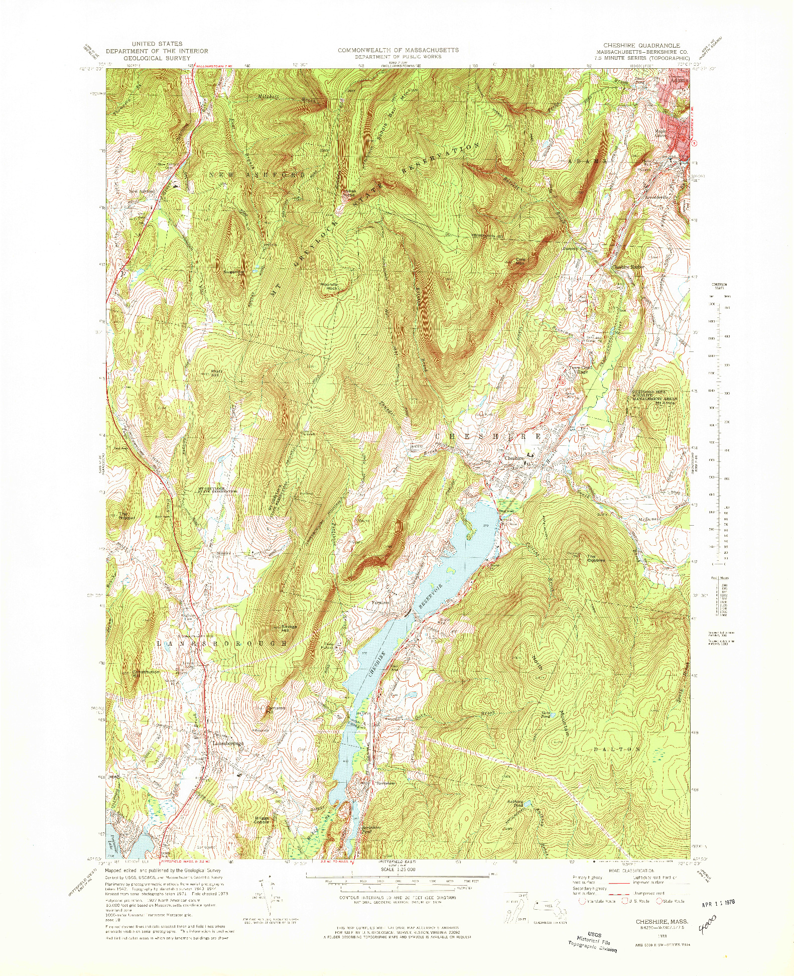 USGS 1:25000-SCALE QUADRANGLE FOR CHESHIRE, MA 1973