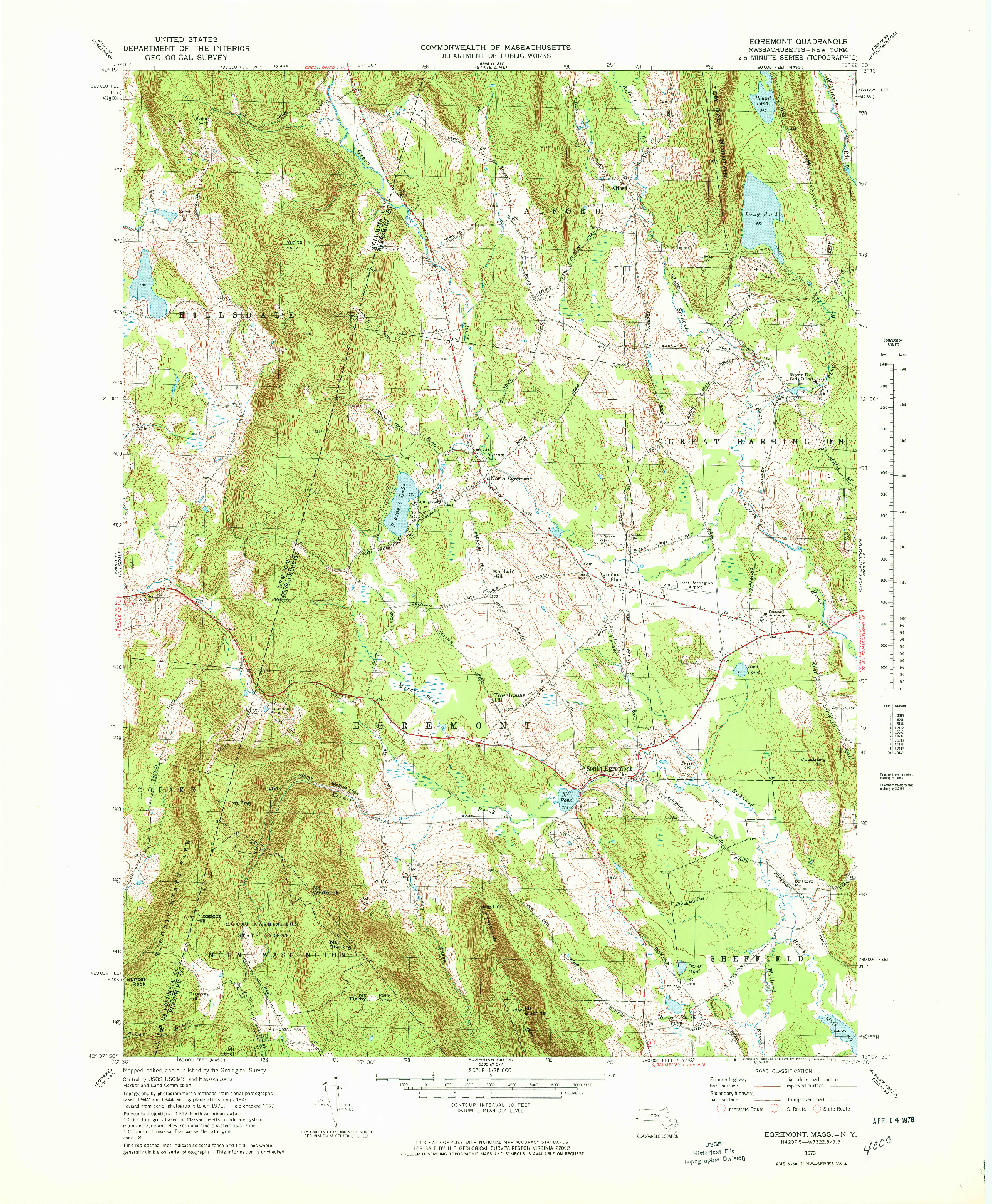 USGS 1:25000-SCALE QUADRANGLE FOR EGREMONT, MA 1973