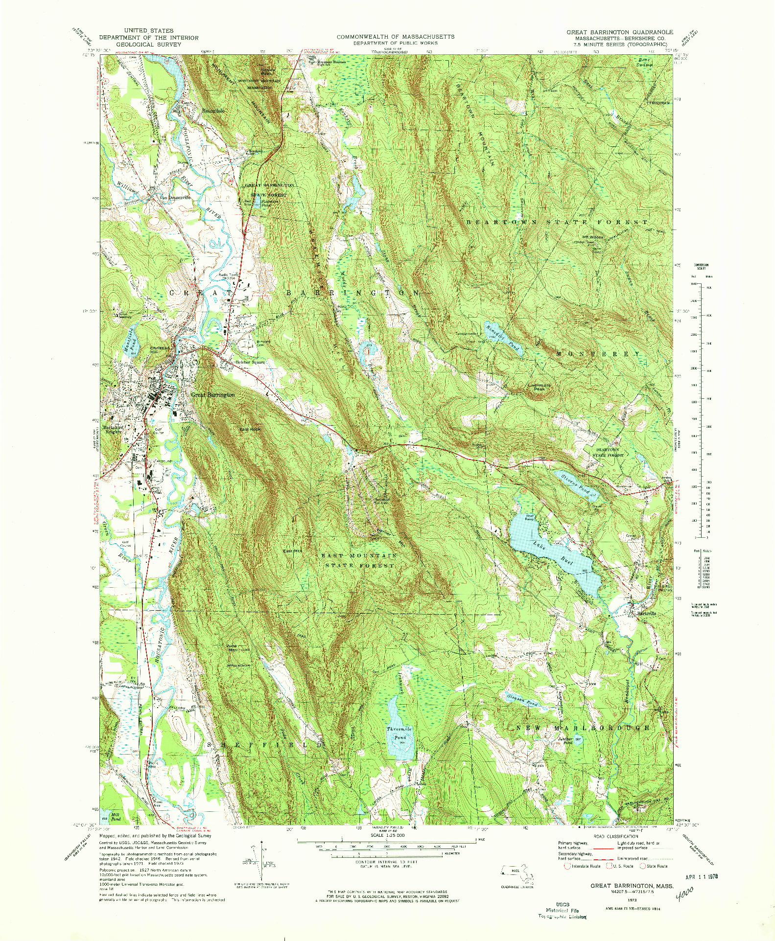 USGS 1:25000-SCALE QUADRANGLE FOR GREAT BARRINGTON, MA 1973