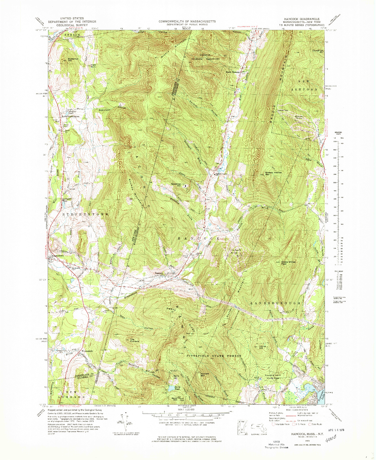 USGS 1:25000-SCALE QUADRANGLE FOR HANCOCK, MA 1973