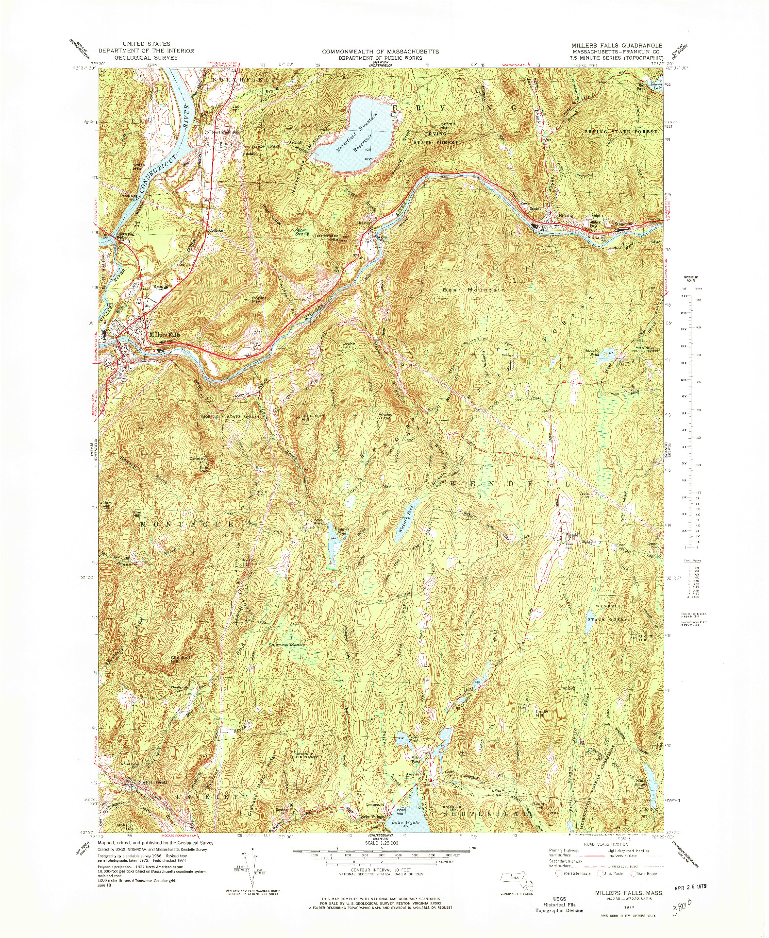 USGS 1:25000-SCALE QUADRANGLE FOR MILLERS FALLS, MA 1977