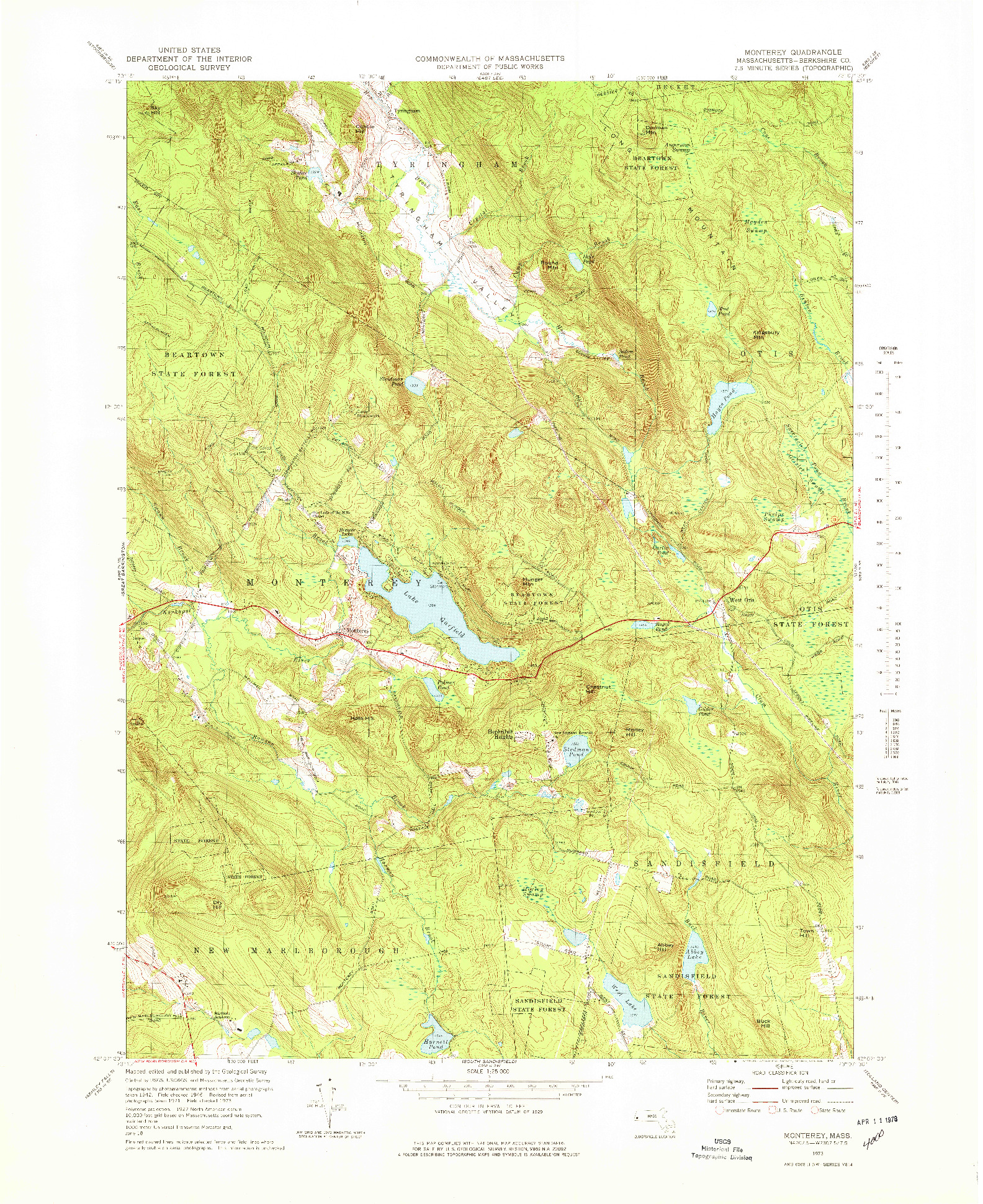 USGS 1:25000-SCALE QUADRANGLE FOR MONTEREY, MA 1973
