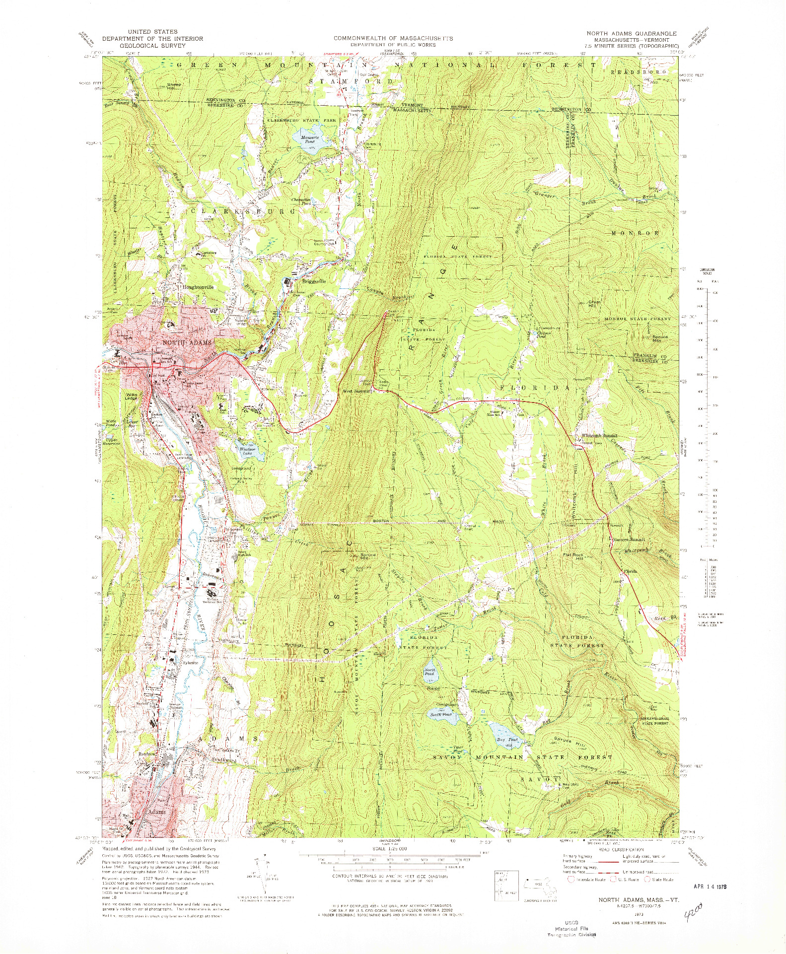 USGS 1:25000-SCALE QUADRANGLE FOR NORTH ADAMS, MA 1973