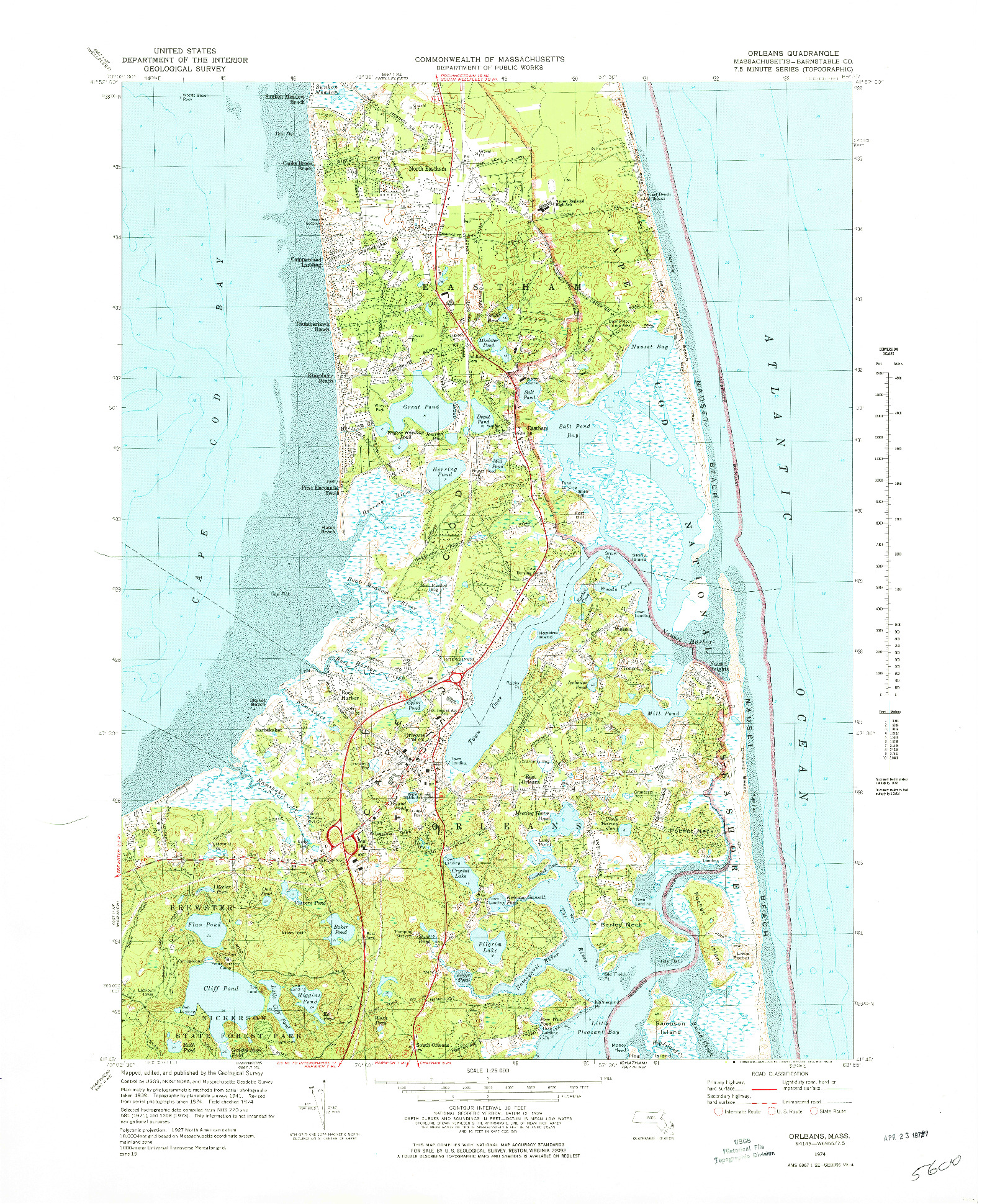 USGS 1:25000-SCALE QUADRANGLE FOR ORLEANS, MA 1974