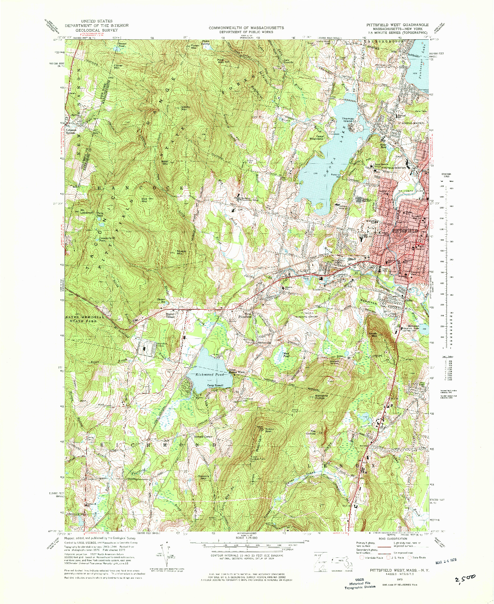 USGS 1:25000-SCALE QUADRANGLE FOR PITTSFIELD WEST, MA 1973