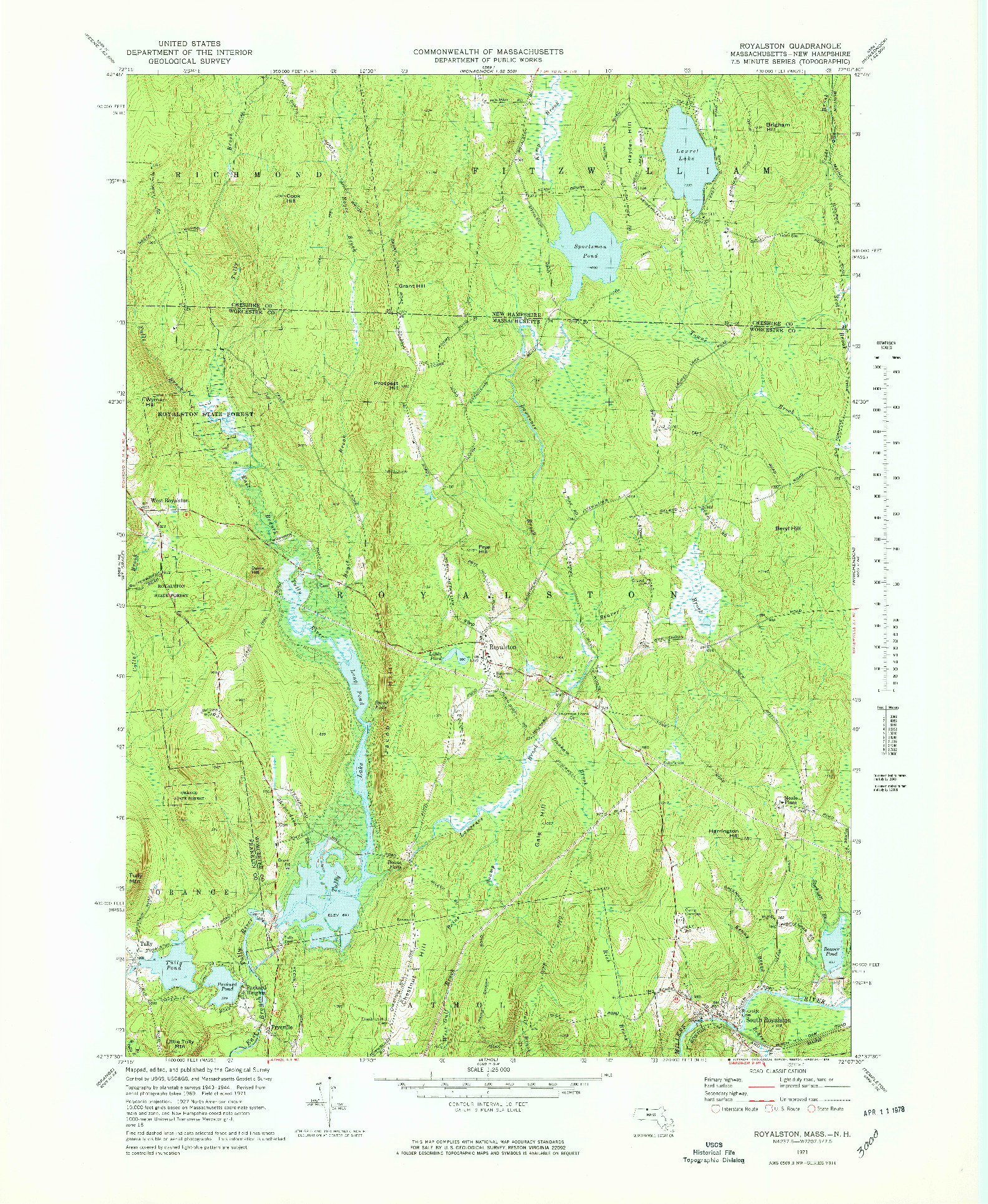 USGS 1:25000-SCALE QUADRANGLE FOR ROYALSTON, MA 1971