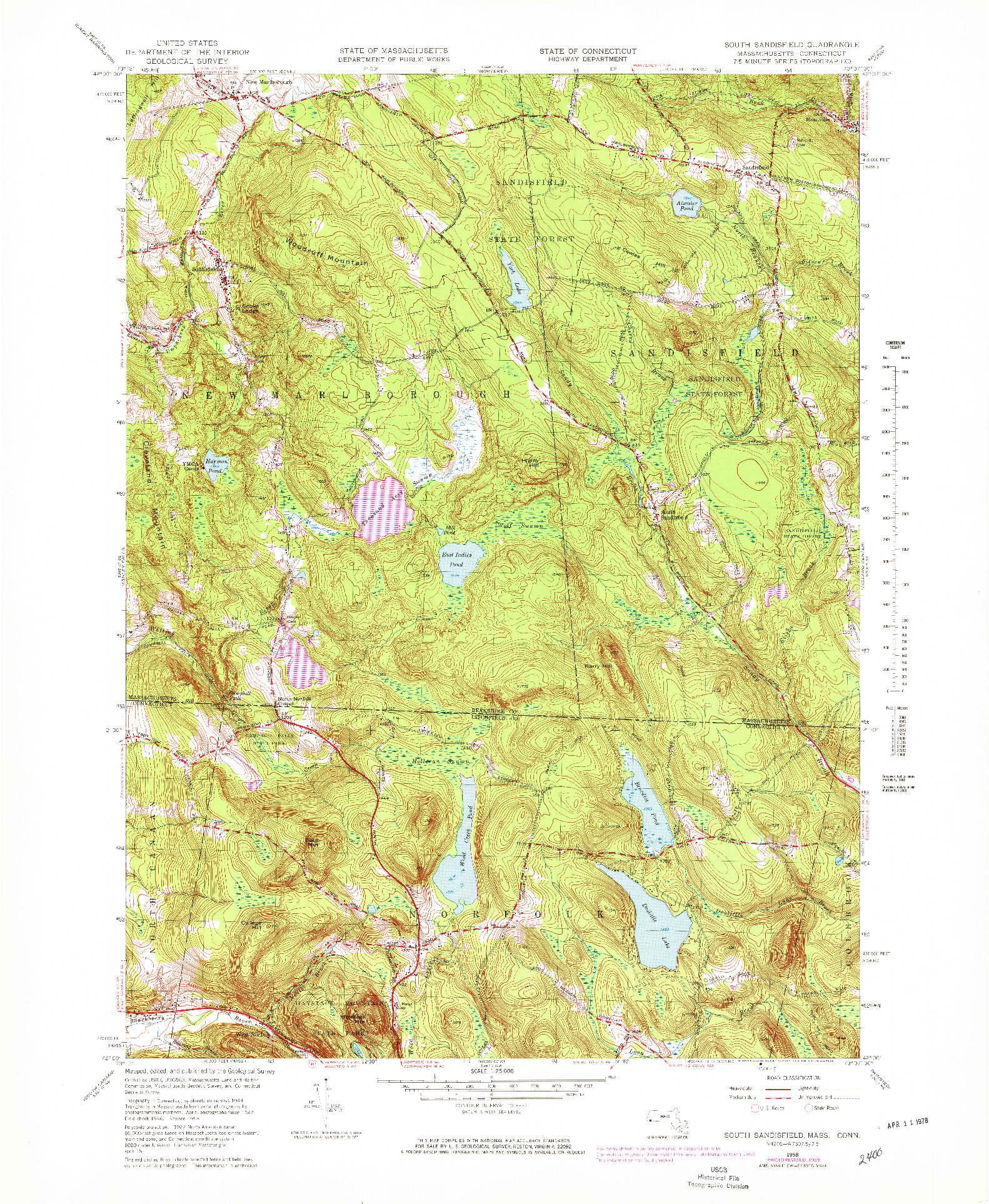 USGS 1:25000-SCALE QUADRANGLE FOR SOUTH SANDISFIELD, MA 1958
