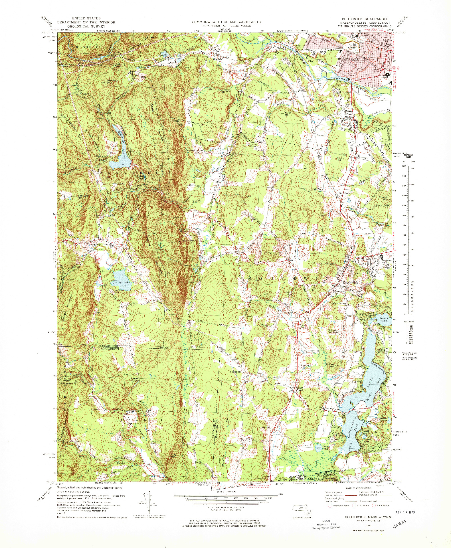 USGS 1:25000-SCALE QUADRANGLE FOR SOUTHWICK, MA 1972