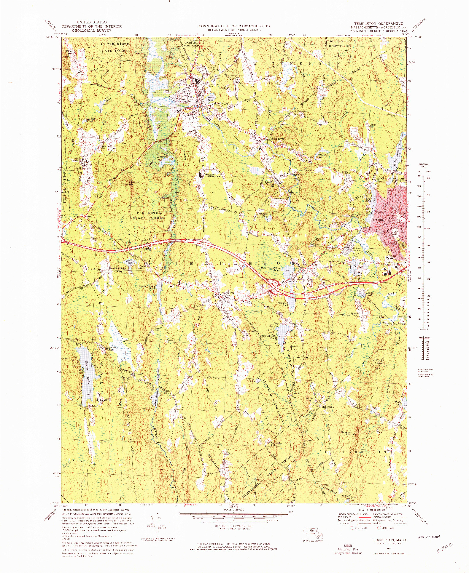 USGS 1:25000-SCALE QUADRANGLE FOR TEMPLETON, MA 1970