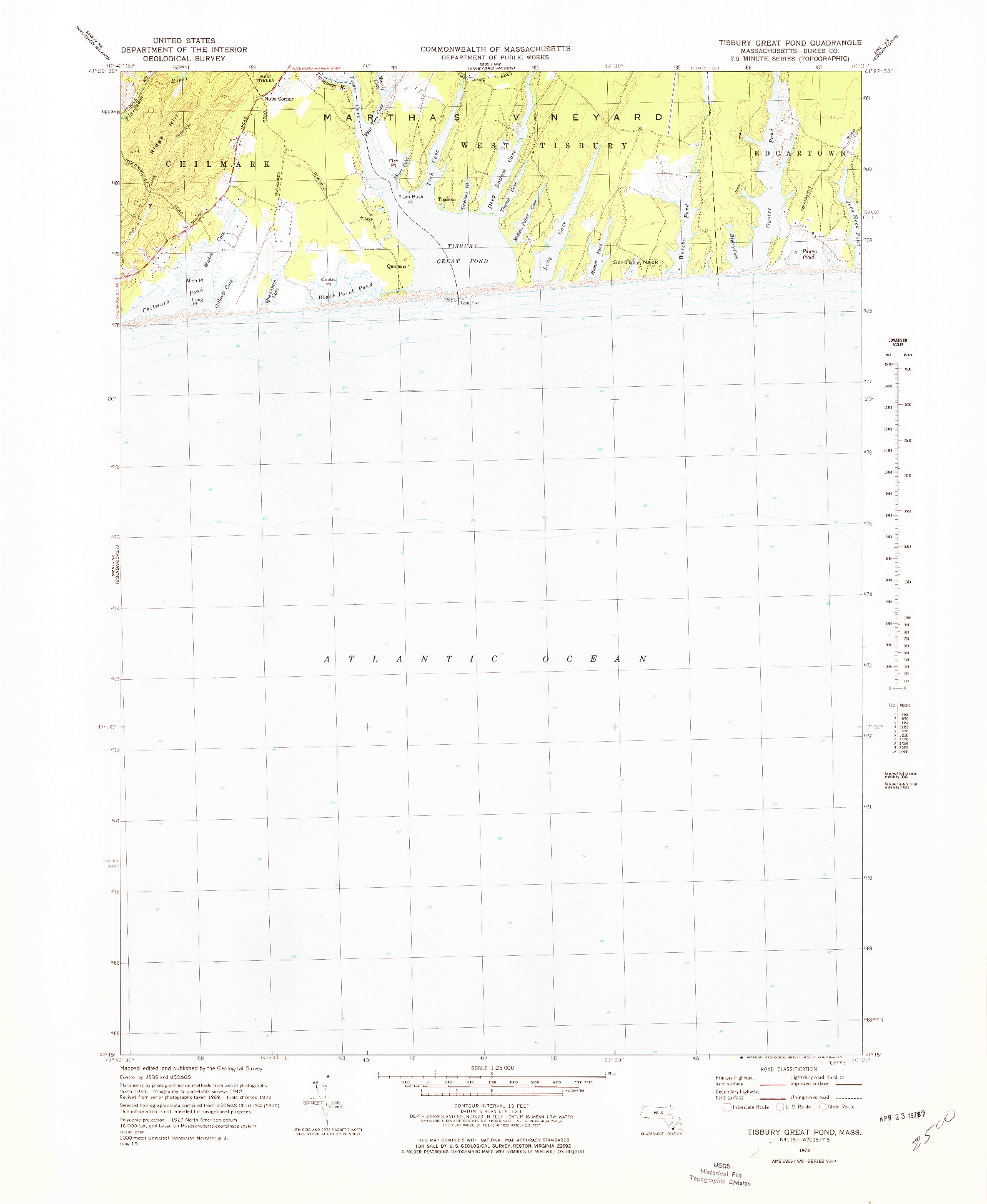 USGS 1:25000-SCALE QUADRANGLE FOR TISBURY GREAT POND, MA 1972