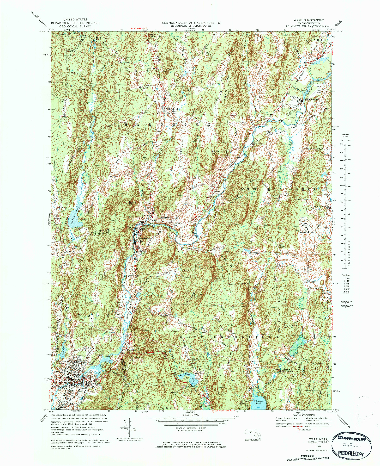 USGS 1:25000-SCALE QUADRANGLE FOR WARE, MA 1969