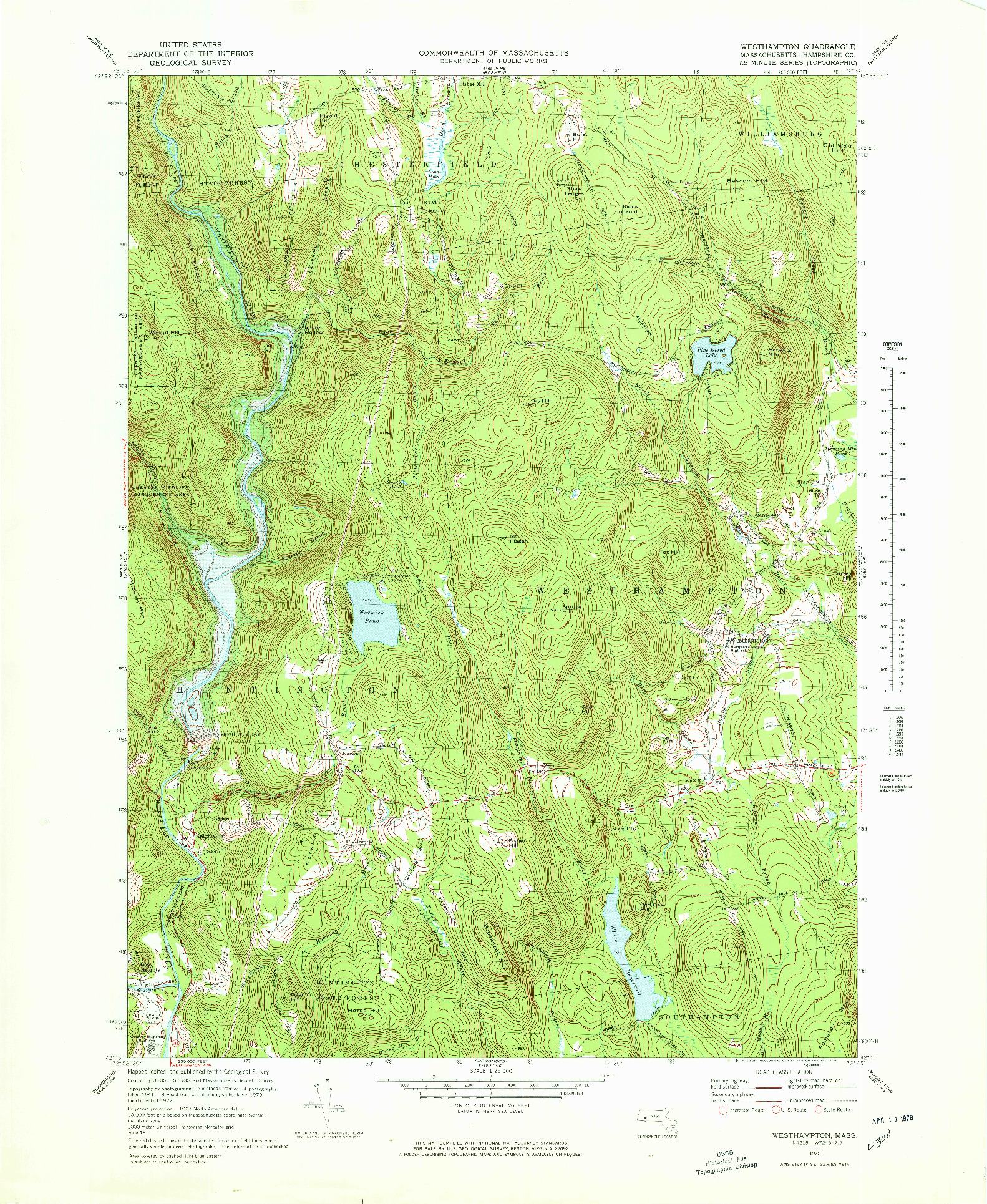 USGS 1:25000-SCALE QUADRANGLE FOR WESTHAMPTON, MA 1972