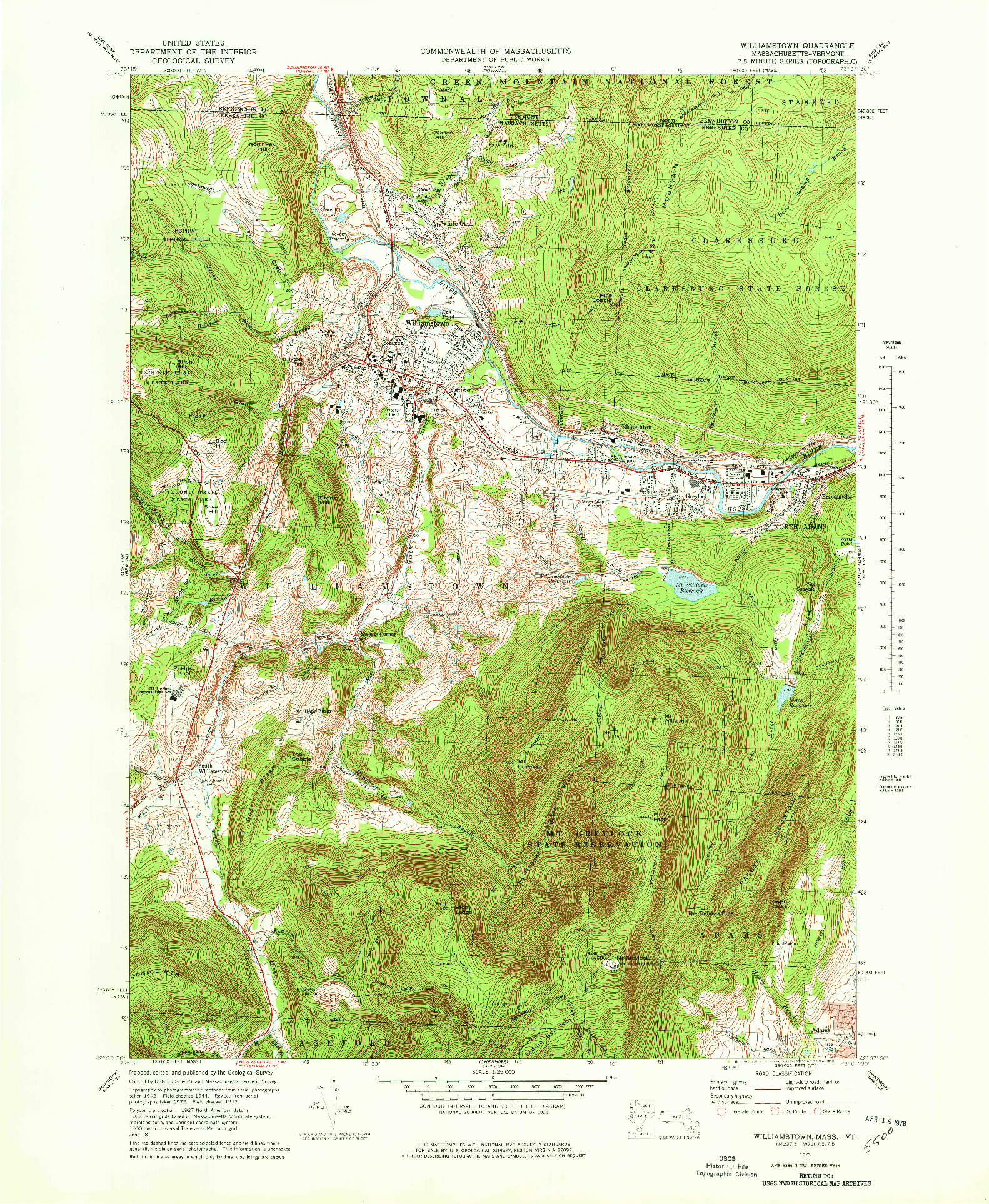 USGS 1:25000-SCALE QUADRANGLE FOR WILLIAMSTOWN, MA 1973