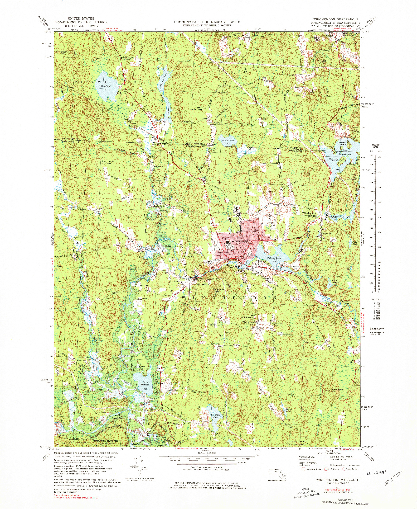 USGS 1:25000-SCALE QUADRANGLE FOR WINCHENDON, MA 1971