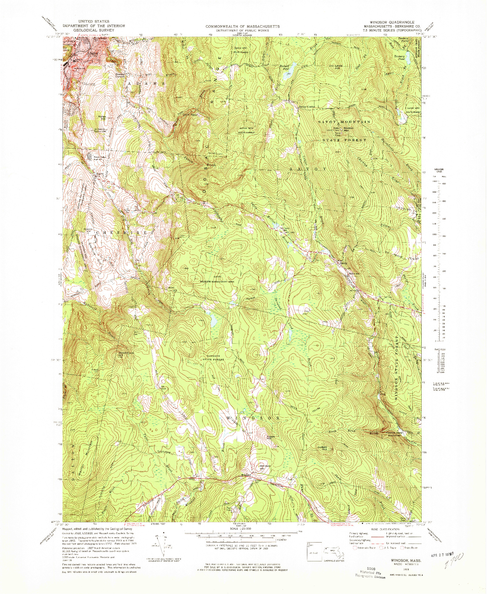 USGS 1:25000-SCALE QUADRANGLE FOR WINDSOR, MA 1973