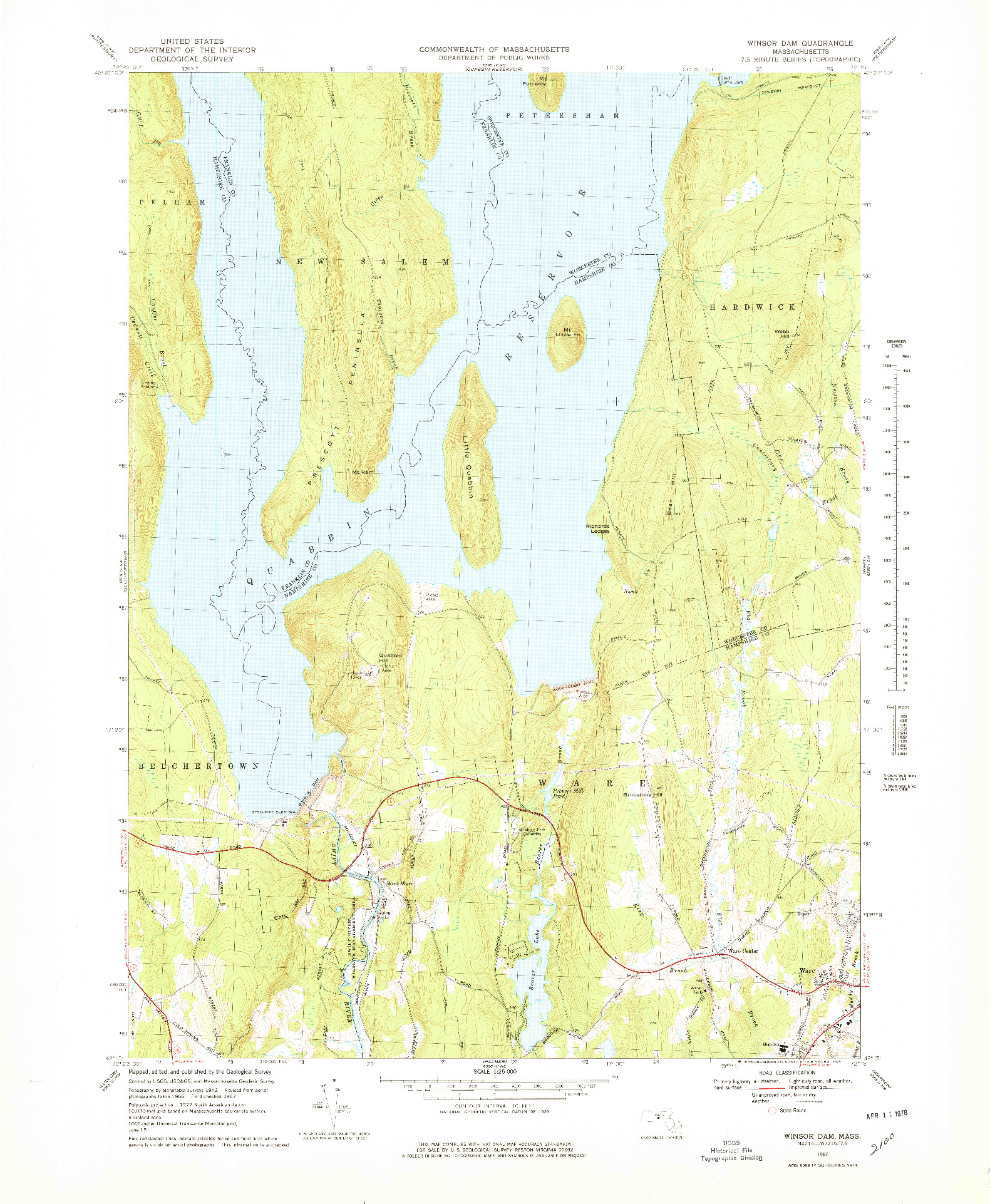 USGS 1:25000-SCALE QUADRANGLE FOR WINSOR DAM, MA 1967