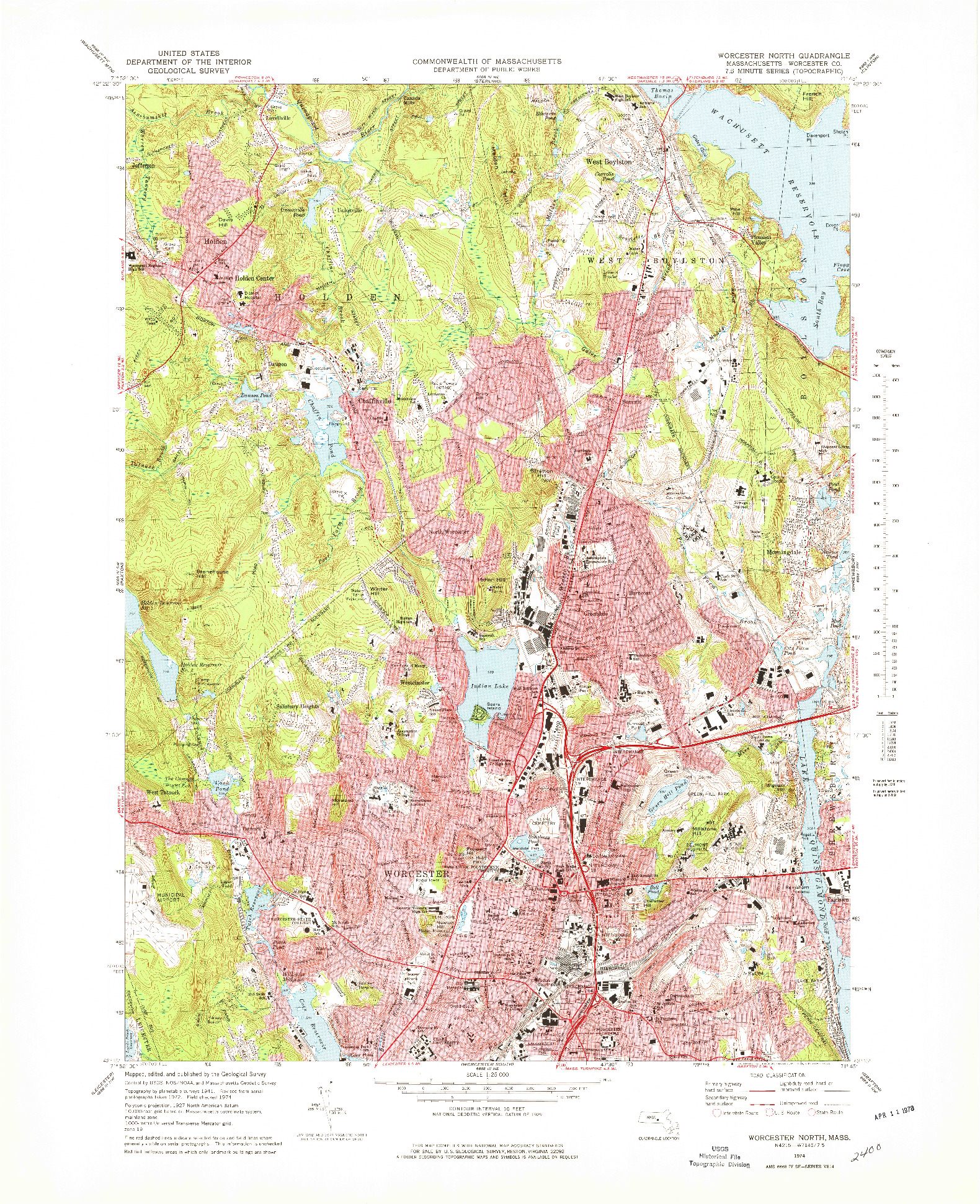 USGS 1:25000-SCALE QUADRANGLE FOR WORCESTER NORTH, MA 1974