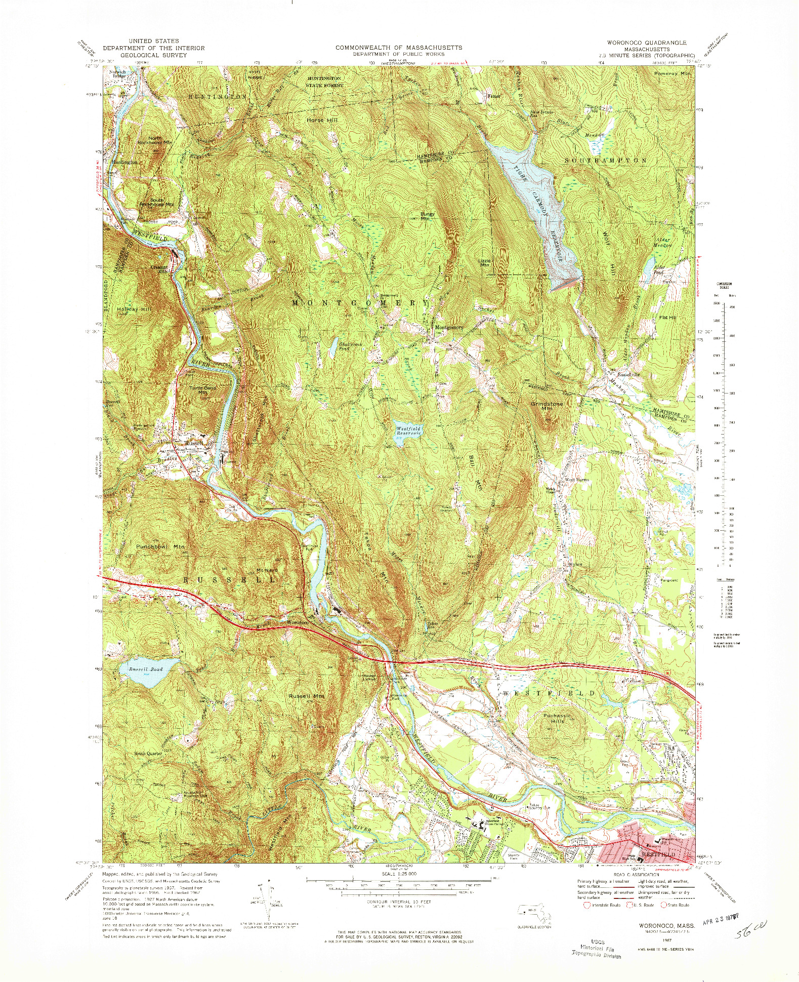 USGS 1:25000-SCALE QUADRANGLE FOR WORONOCO, MA 1967