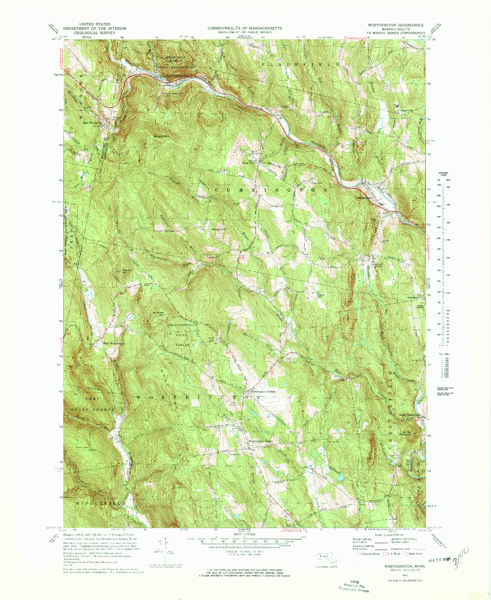 USGS 1:25000-SCALE QUADRANGLE FOR WORTHINGTON, MA 1972