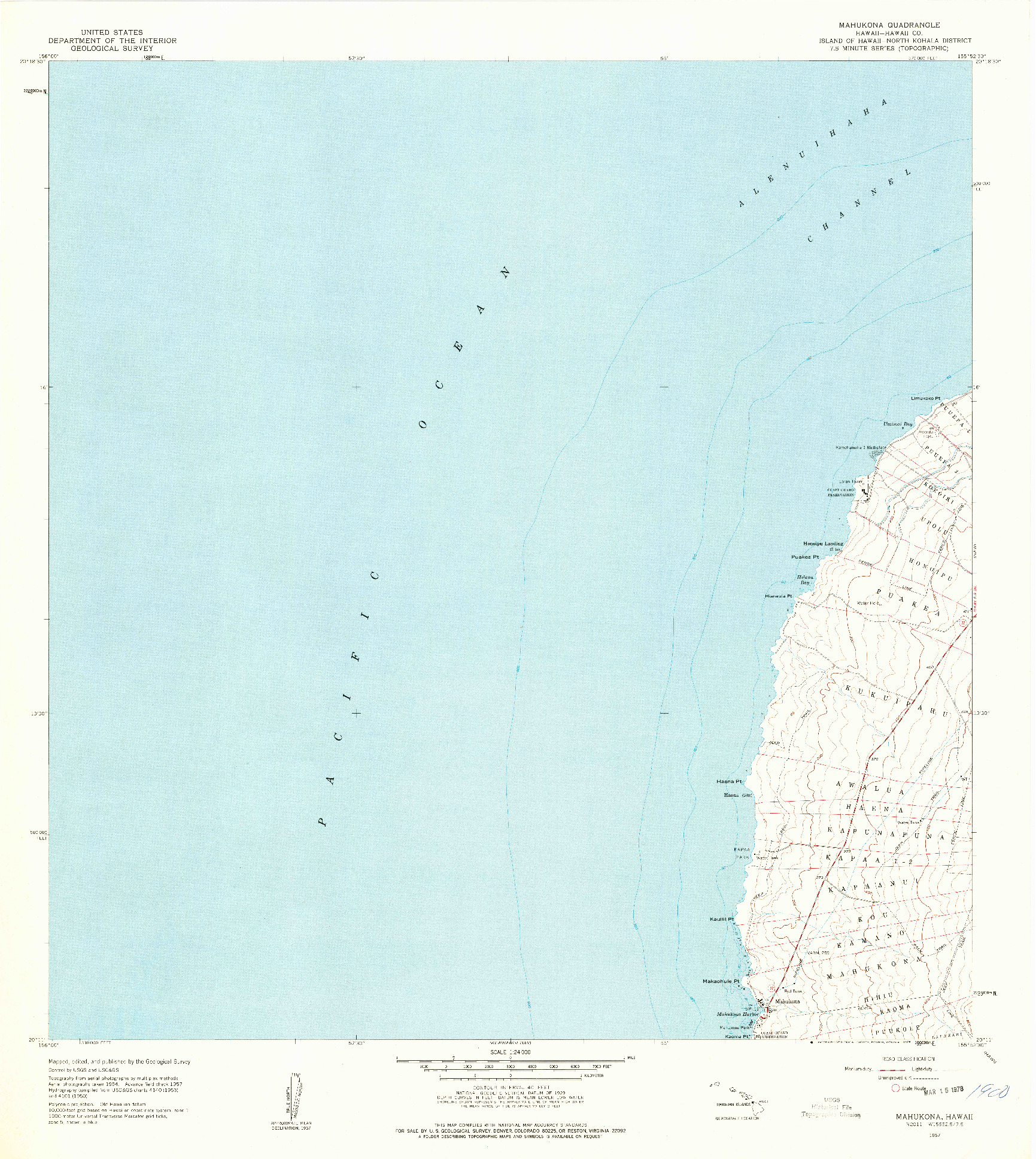 USGS 1:24000-SCALE QUADRANGLE FOR MAHUKONA, HI 1957