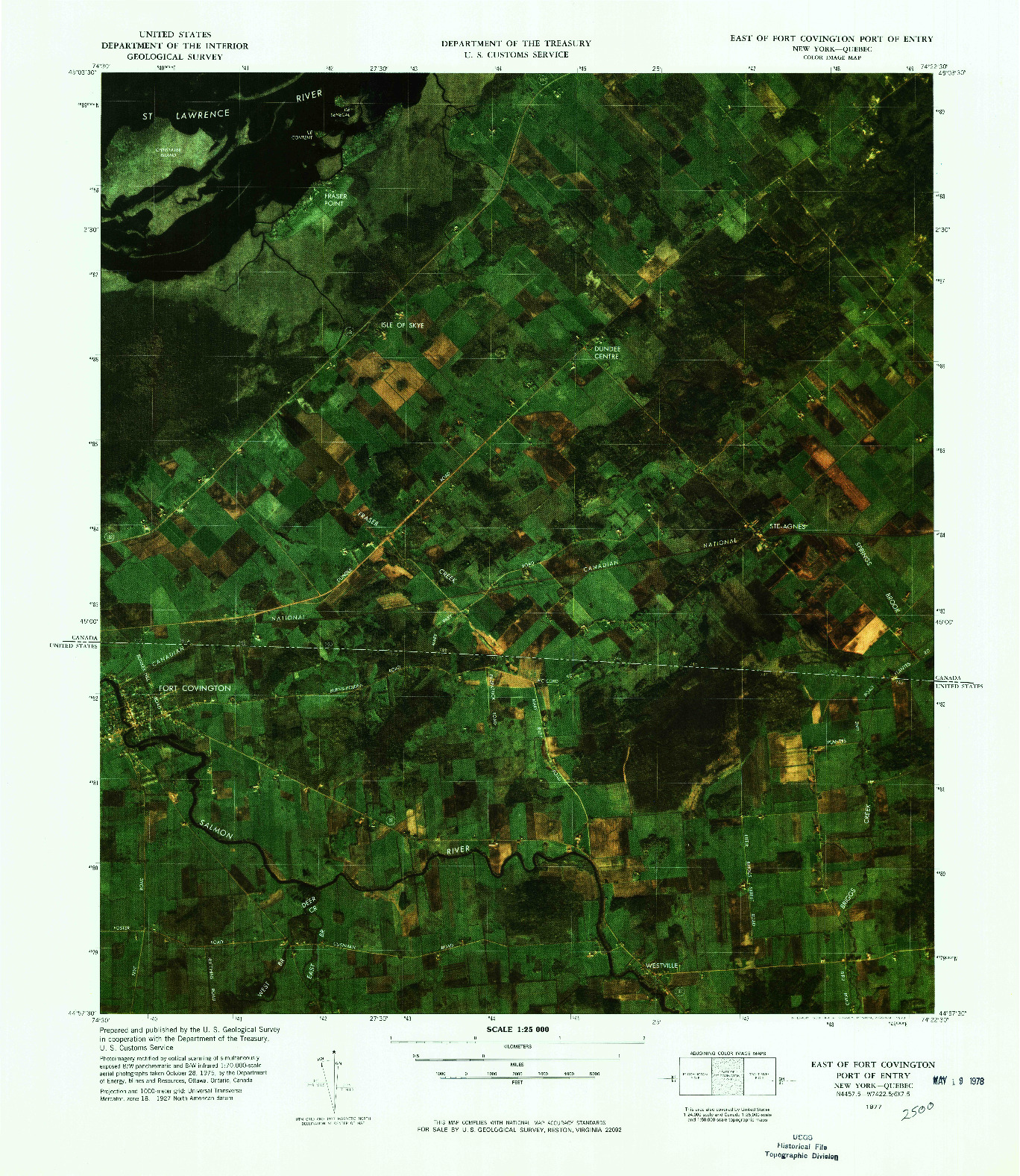 USGS 1:25000-SCALE QUADRANGLE FOR EAST OF FORT COVINGTON PORT OF ENTRY, NY 1977