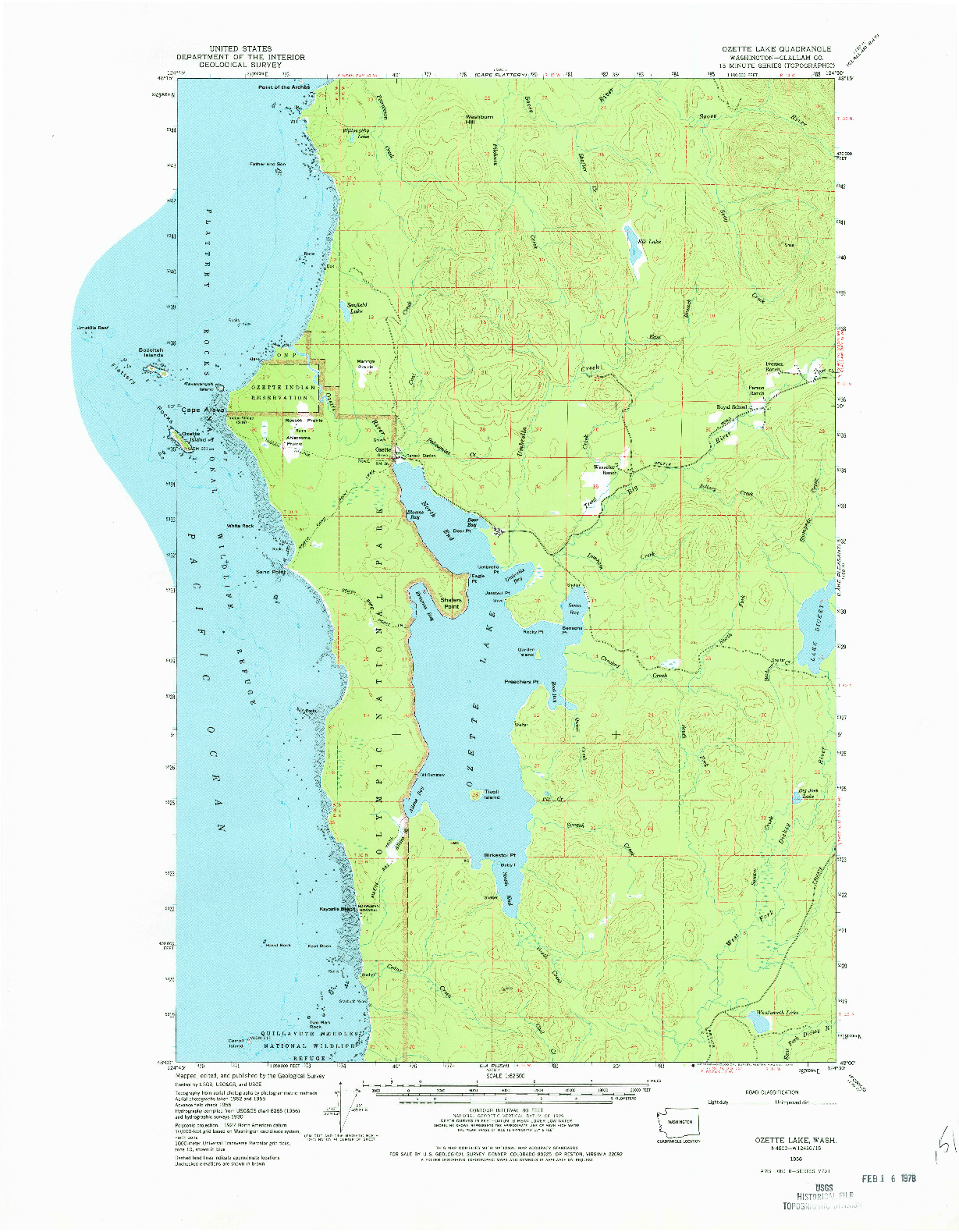 USGS 1:62500-SCALE QUADRANGLE FOR OZETTE LAKE, WA 1956