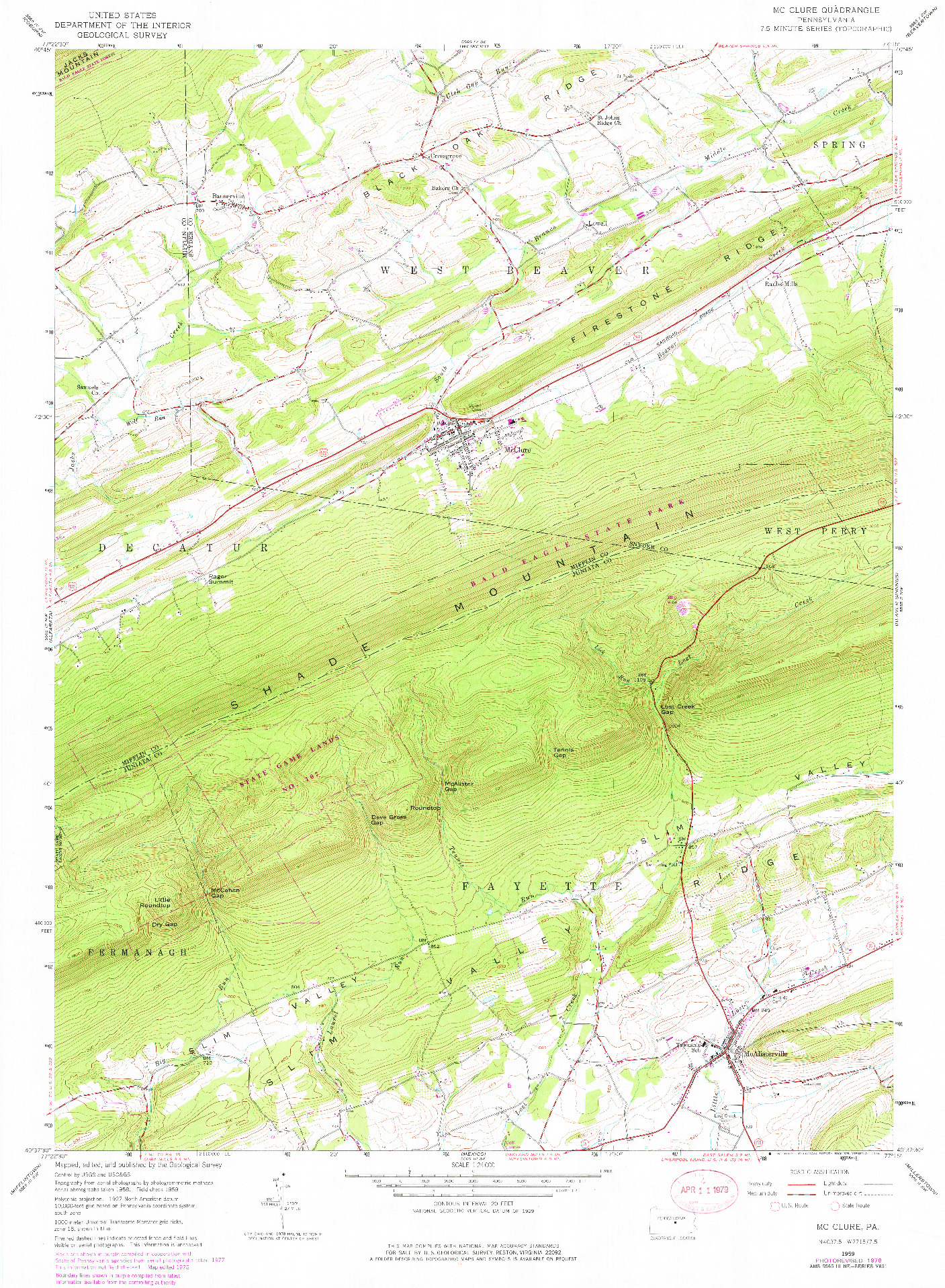 USGS 1:24000-SCALE QUADRANGLE FOR MC CLURE, PA 1959