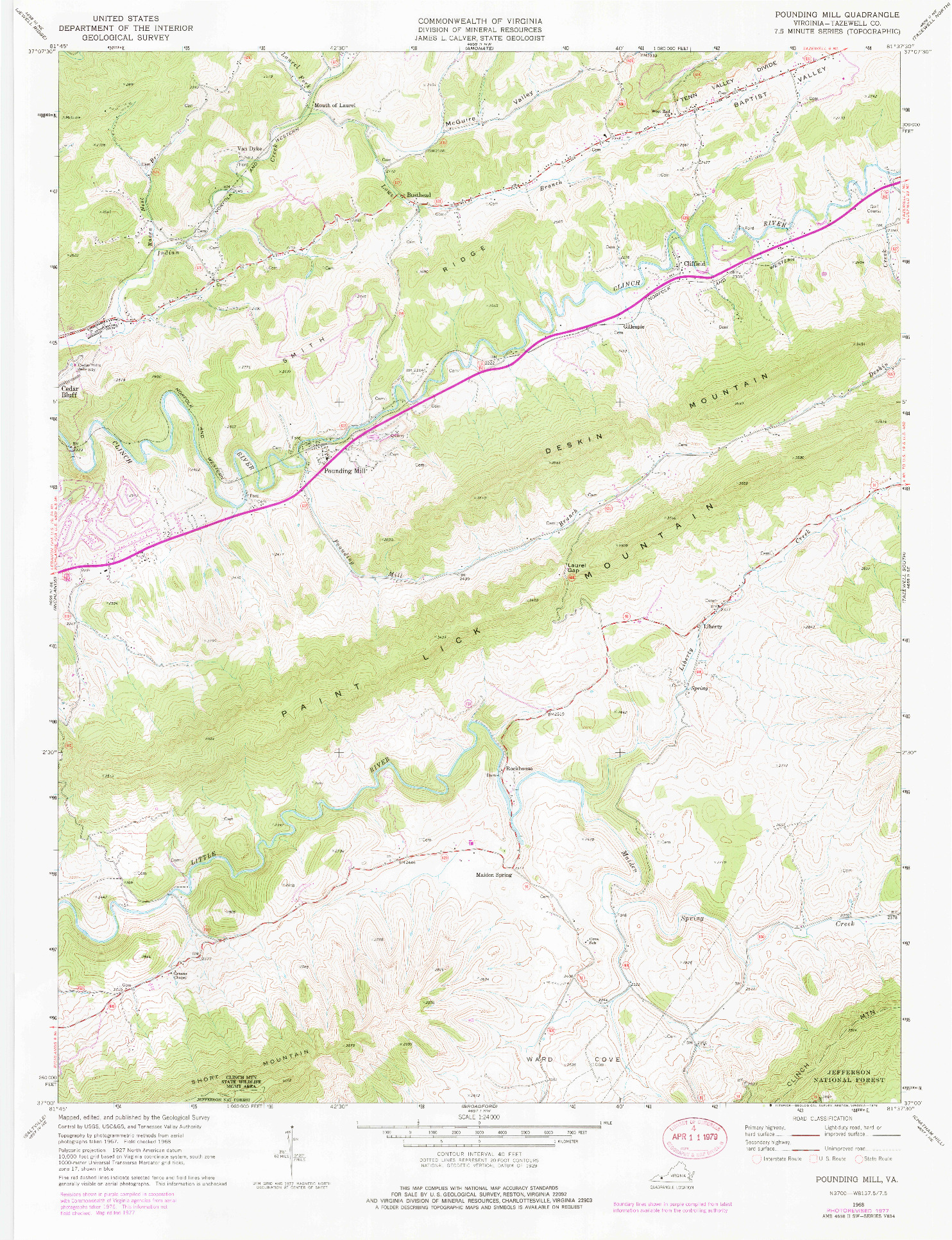 USGS 1:24000-SCALE QUADRANGLE FOR POUNDING MILL, VA 1968