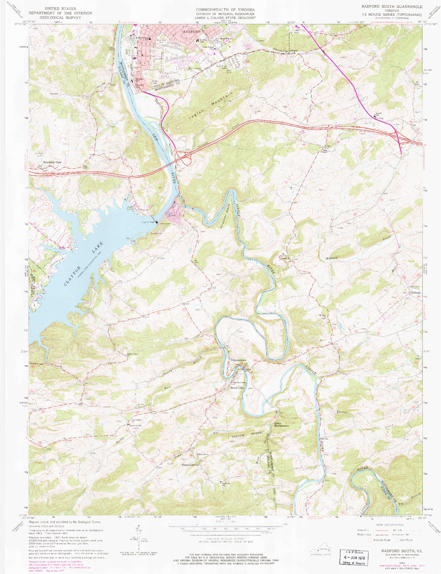 USGS 1:24000-SCALE QUADRANGLE FOR RADFORD SOUTH, VA 1965