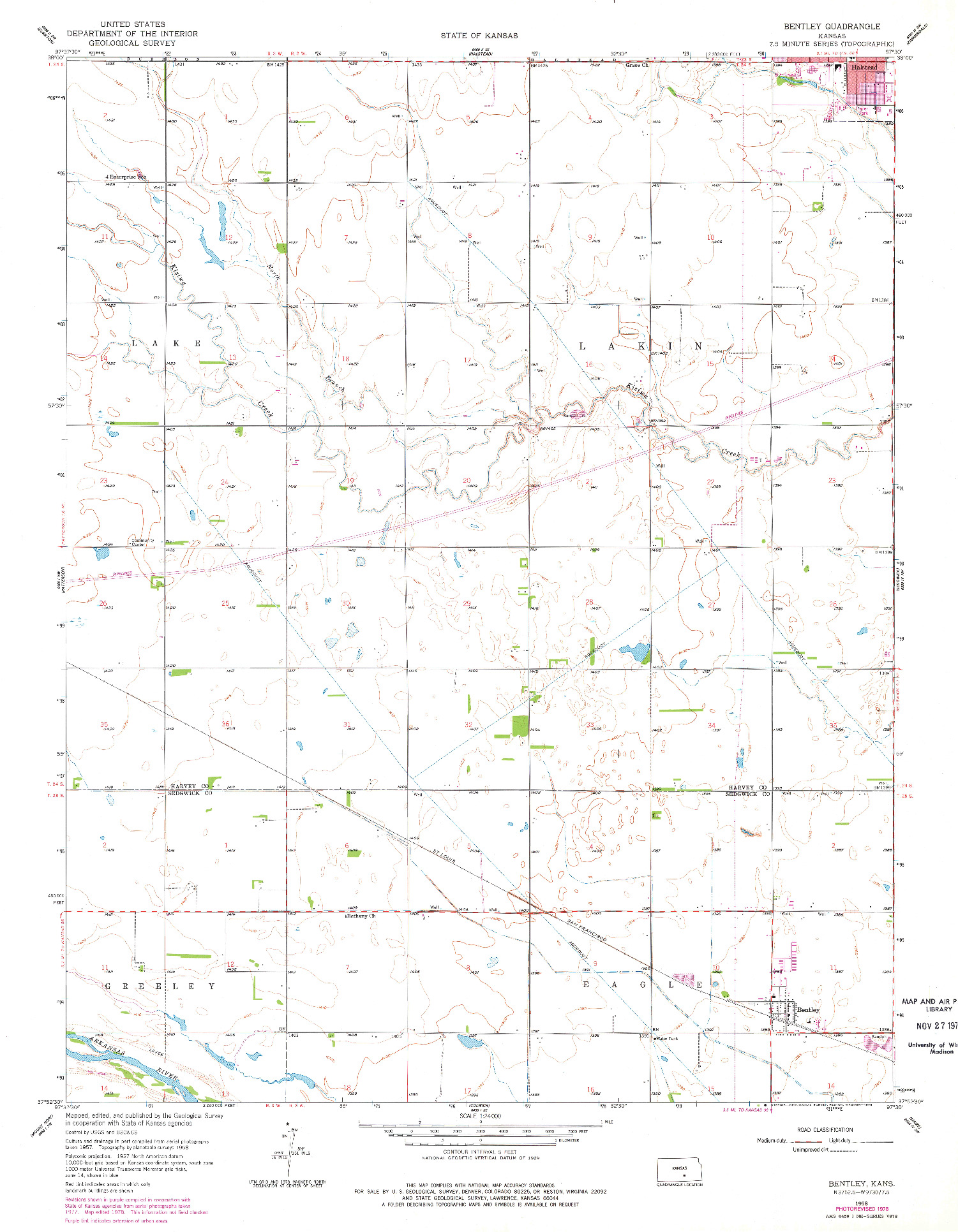 USGS 1:24000-SCALE QUADRANGLE FOR BENTLEY, KS 1958