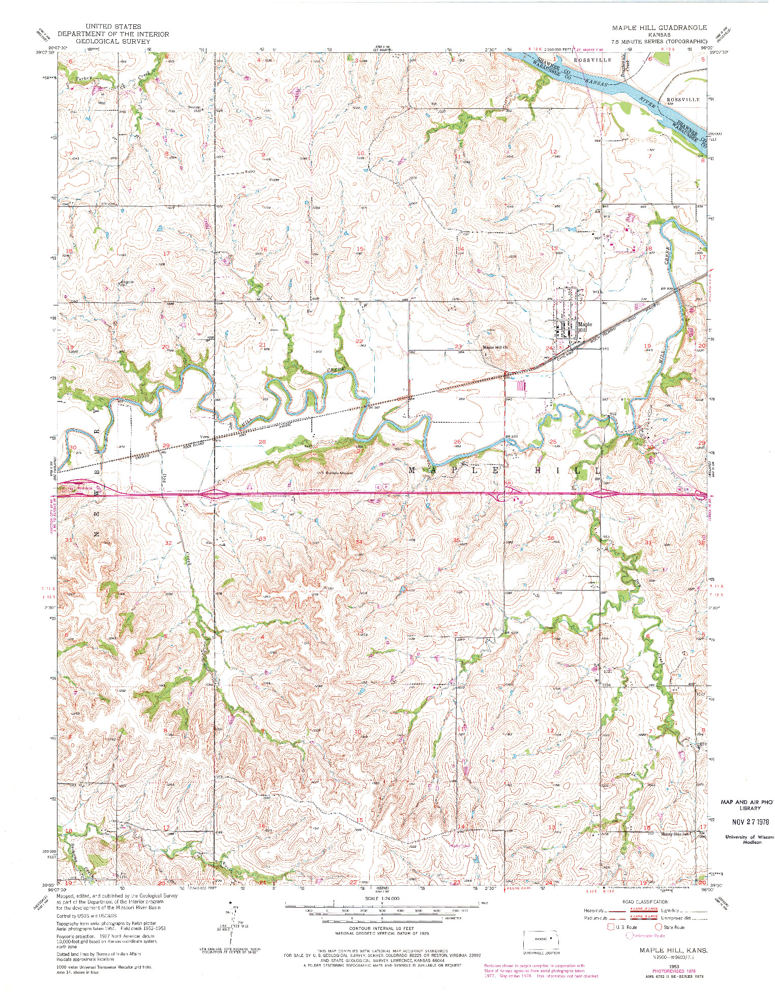 USGS 1:24000-SCALE QUADRANGLE FOR MAPLE HILL, KS 1953