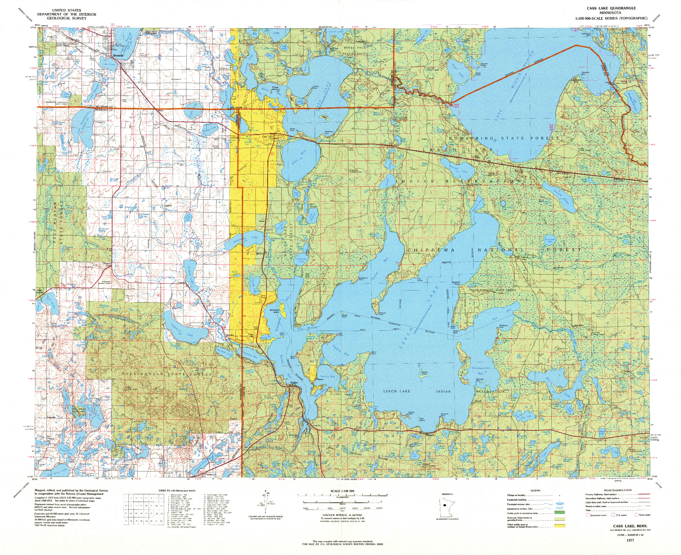 USGS 1:100000-SCALE QUADRANGLE FOR CASS LAKE, MN 1977