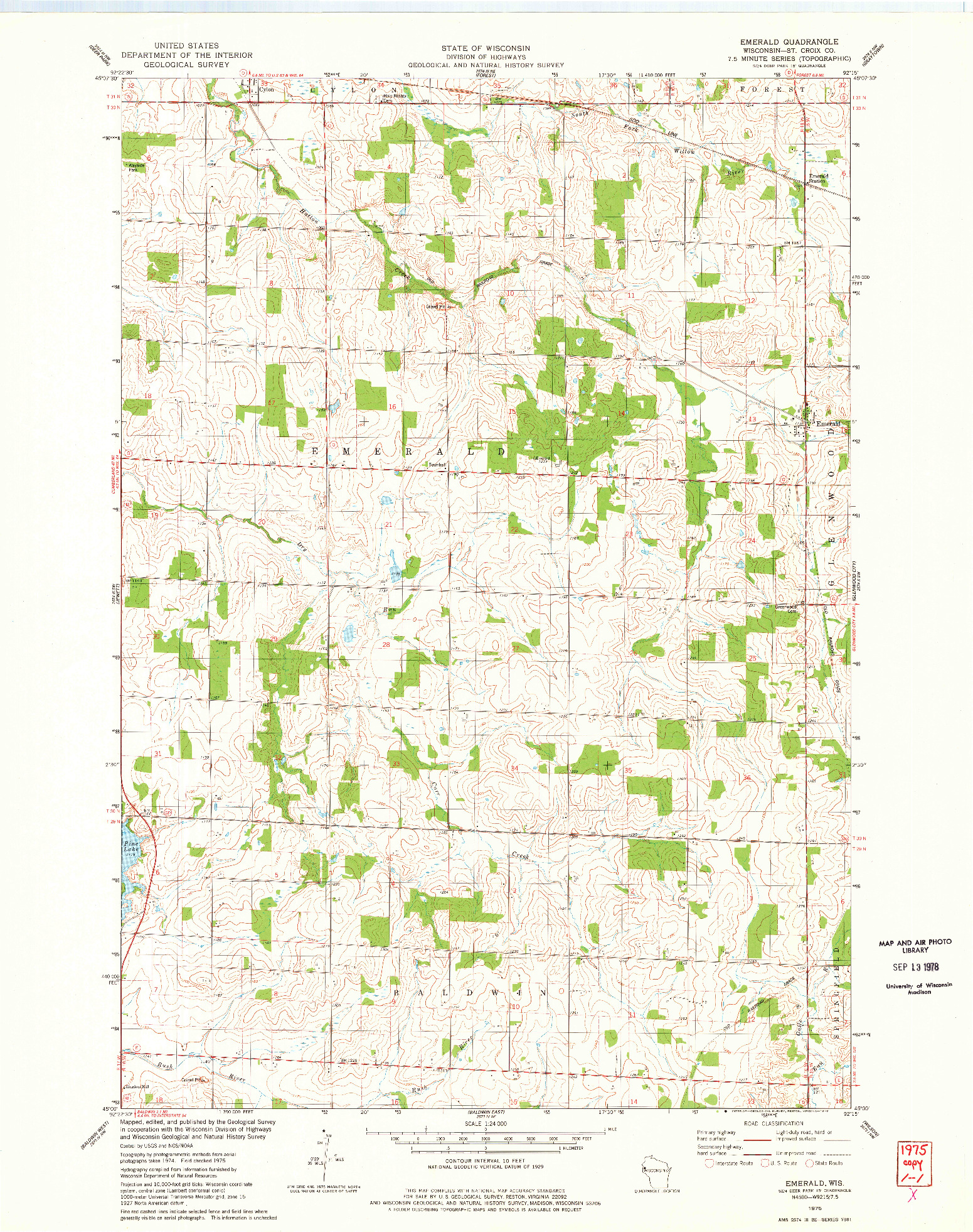 USGS 1:24000-SCALE QUADRANGLE FOR EMERALD, WI 1975