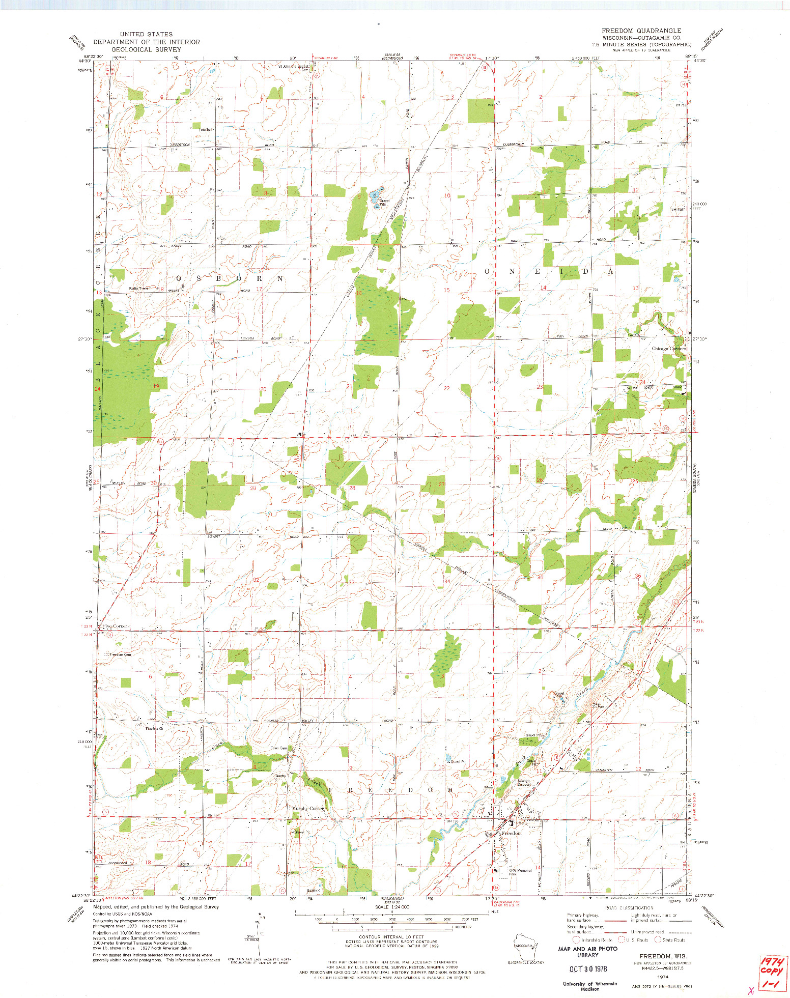 USGS 1:24000-SCALE QUADRANGLE FOR FREEDOM, WI 1974