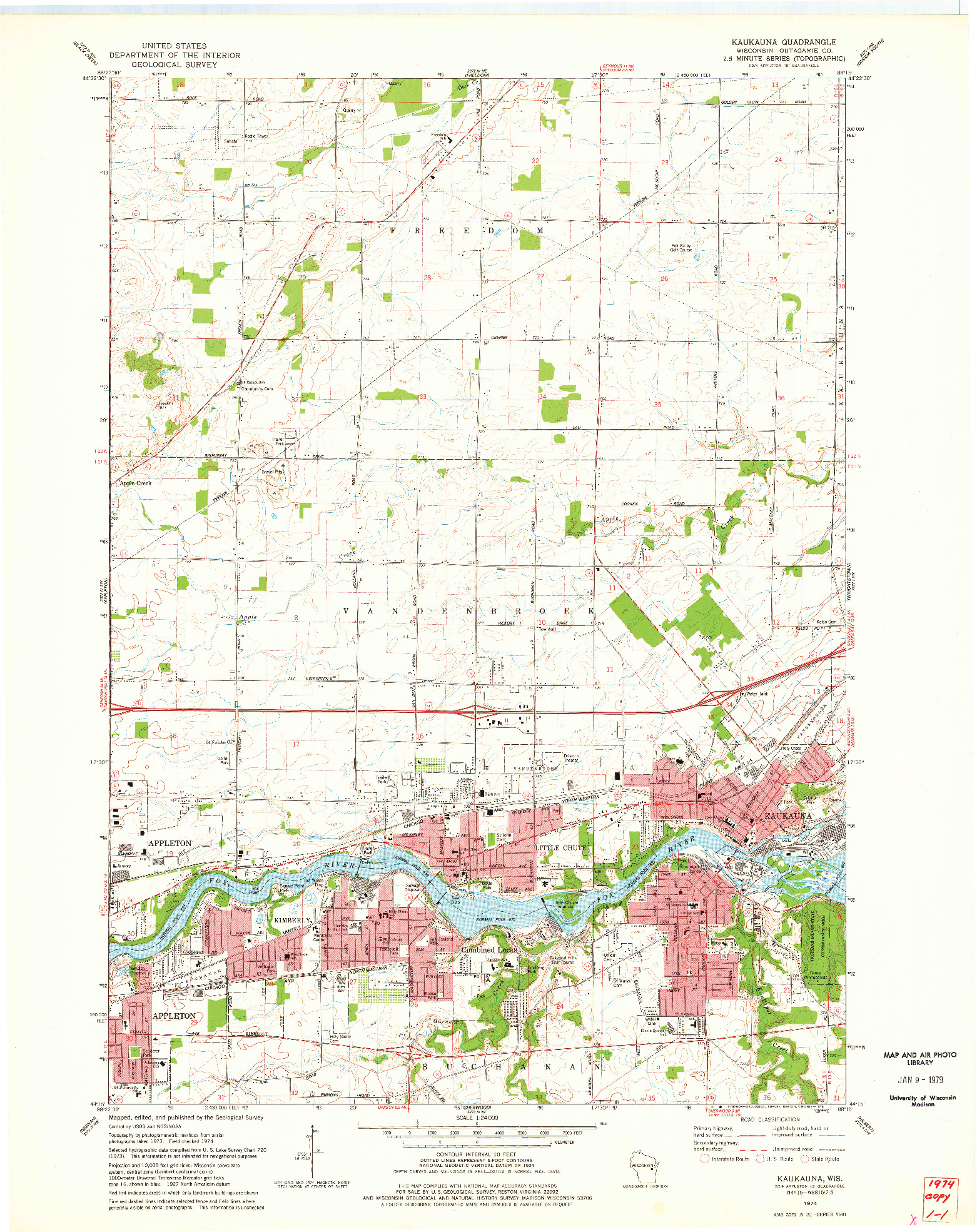 USGS 1:24000-SCALE QUADRANGLE FOR KAUKAUNA, WI 1974