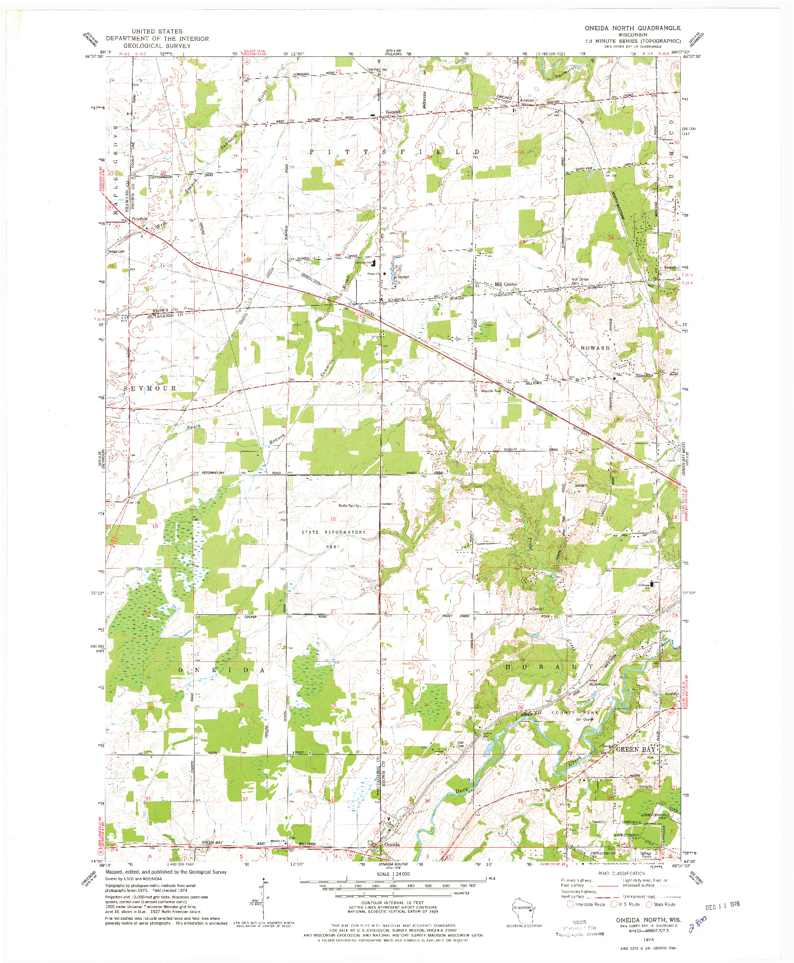 USGS 1:24000-SCALE QUADRANGLE FOR ONEIDA NORTH, WI 1974