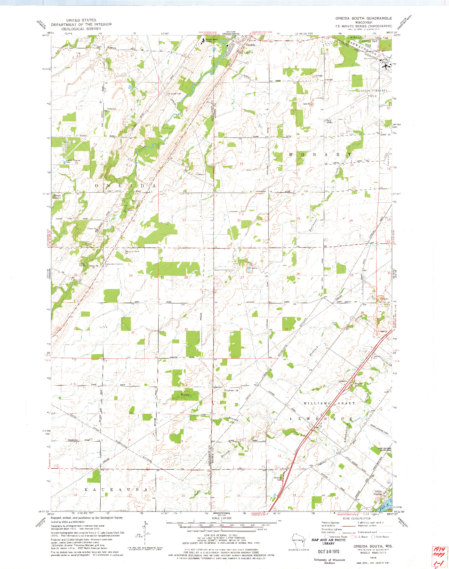 USGS 1:24000-SCALE QUADRANGLE FOR ONEIDA SOUTH, WI 1974