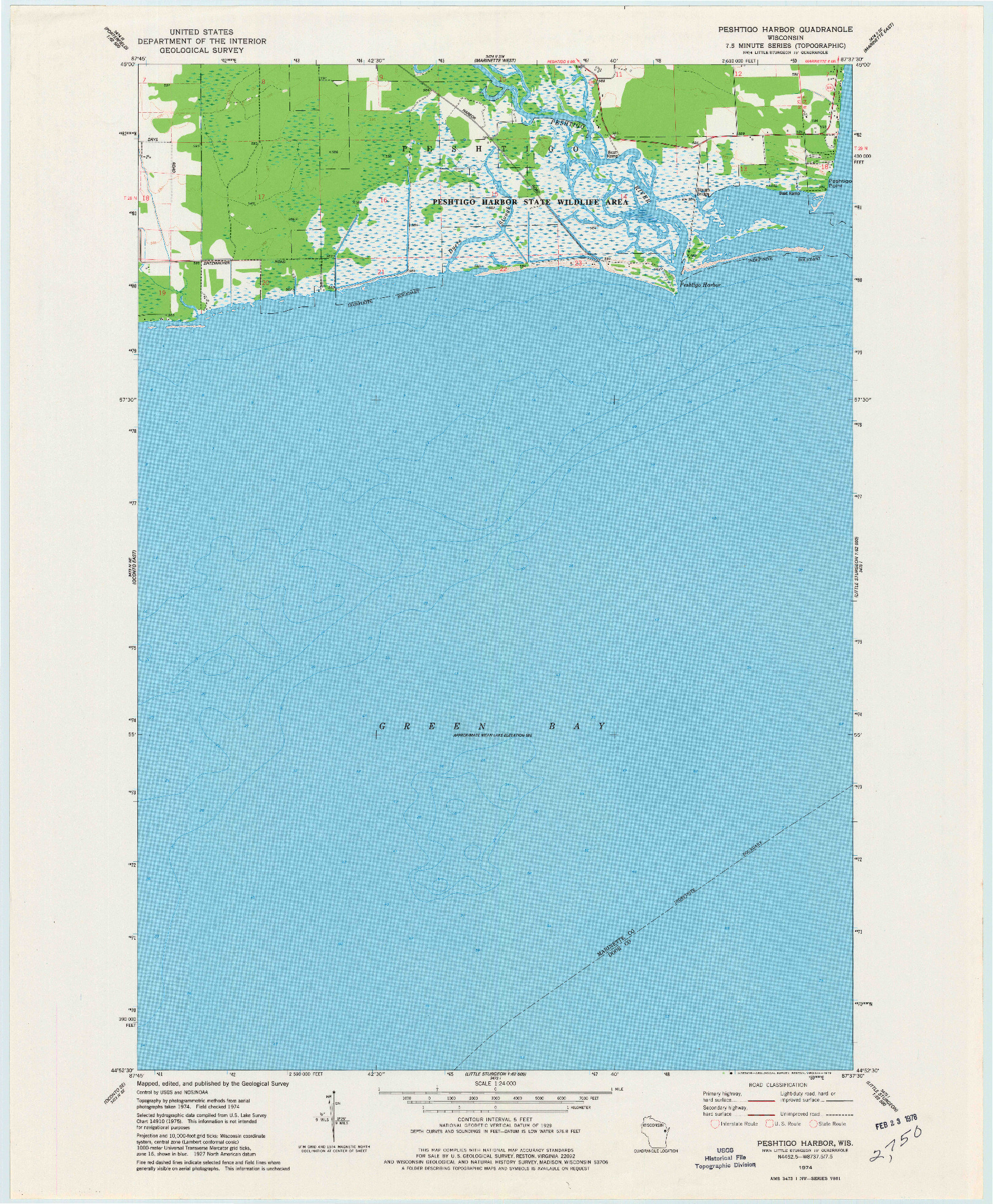 USGS 1:24000-SCALE QUADRANGLE FOR PESHTIGO HARBOR, WI 1974