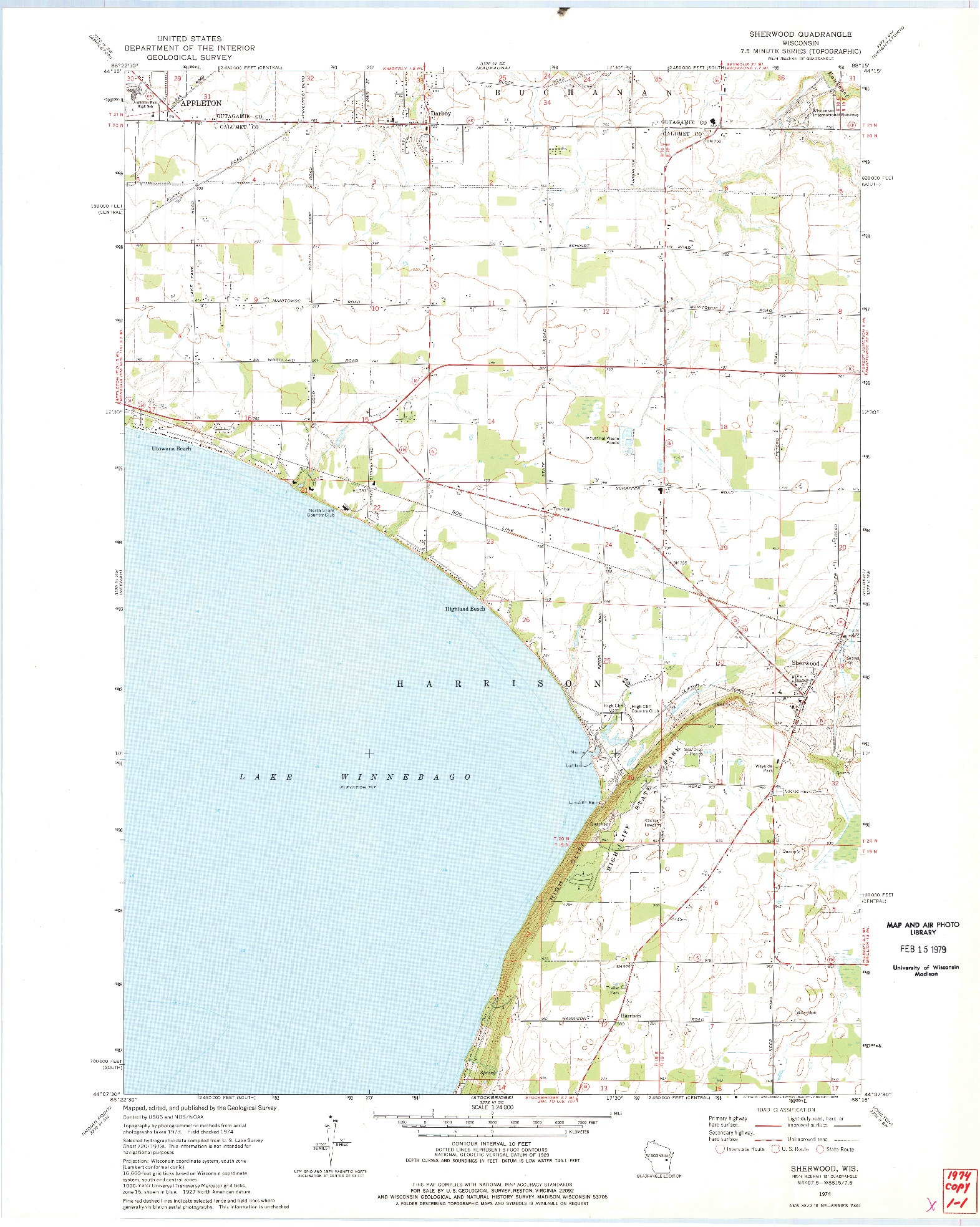 USGS 1:24000-SCALE QUADRANGLE FOR SHERWOOD, WI 1974