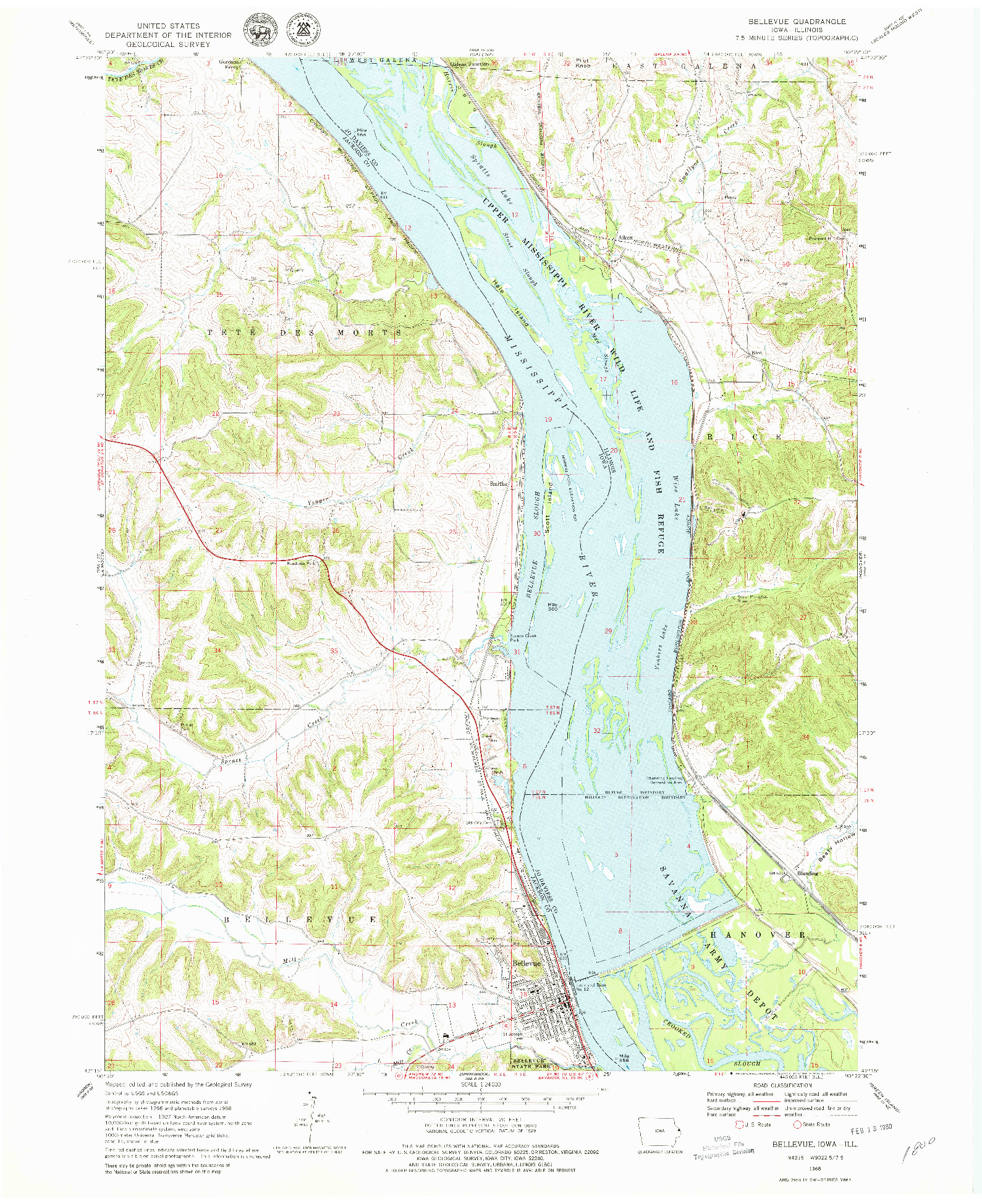 USGS 1:24000-SCALE QUADRANGLE FOR BELLEVUE, IA 1968
