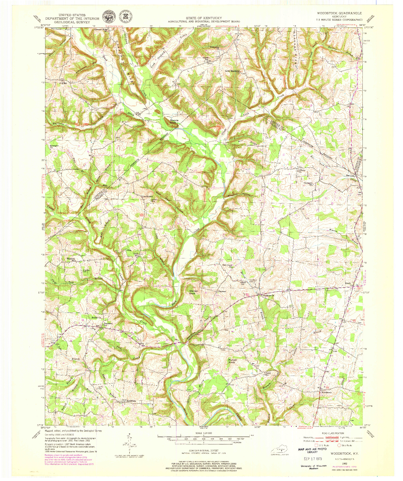 USGS 1:24000-SCALE QUADRANGLE FOR WOODSTOCK, KY 1952