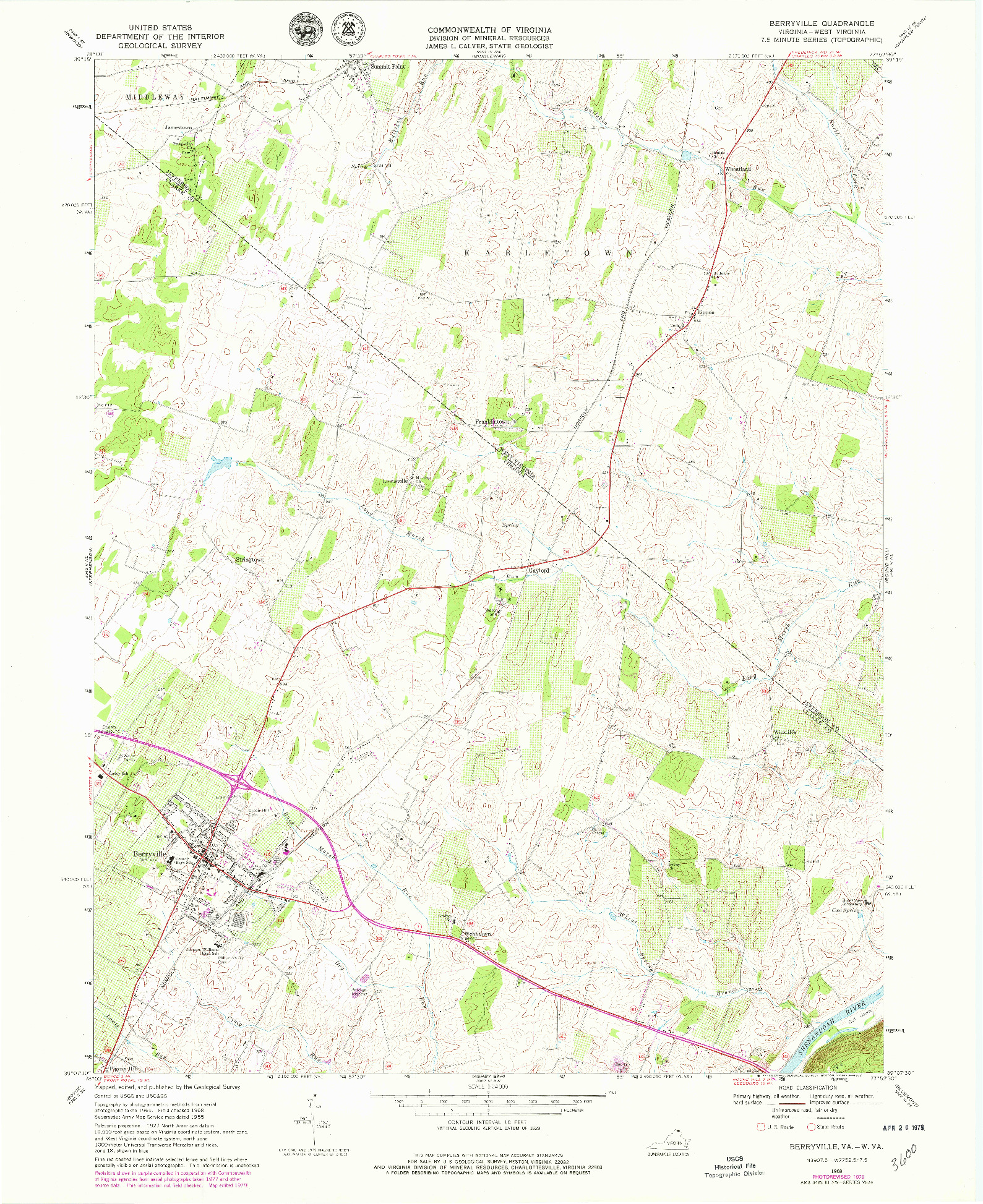 USGS 1:24000-SCALE QUADRANGLE FOR BERRYVILLE, VA 1968