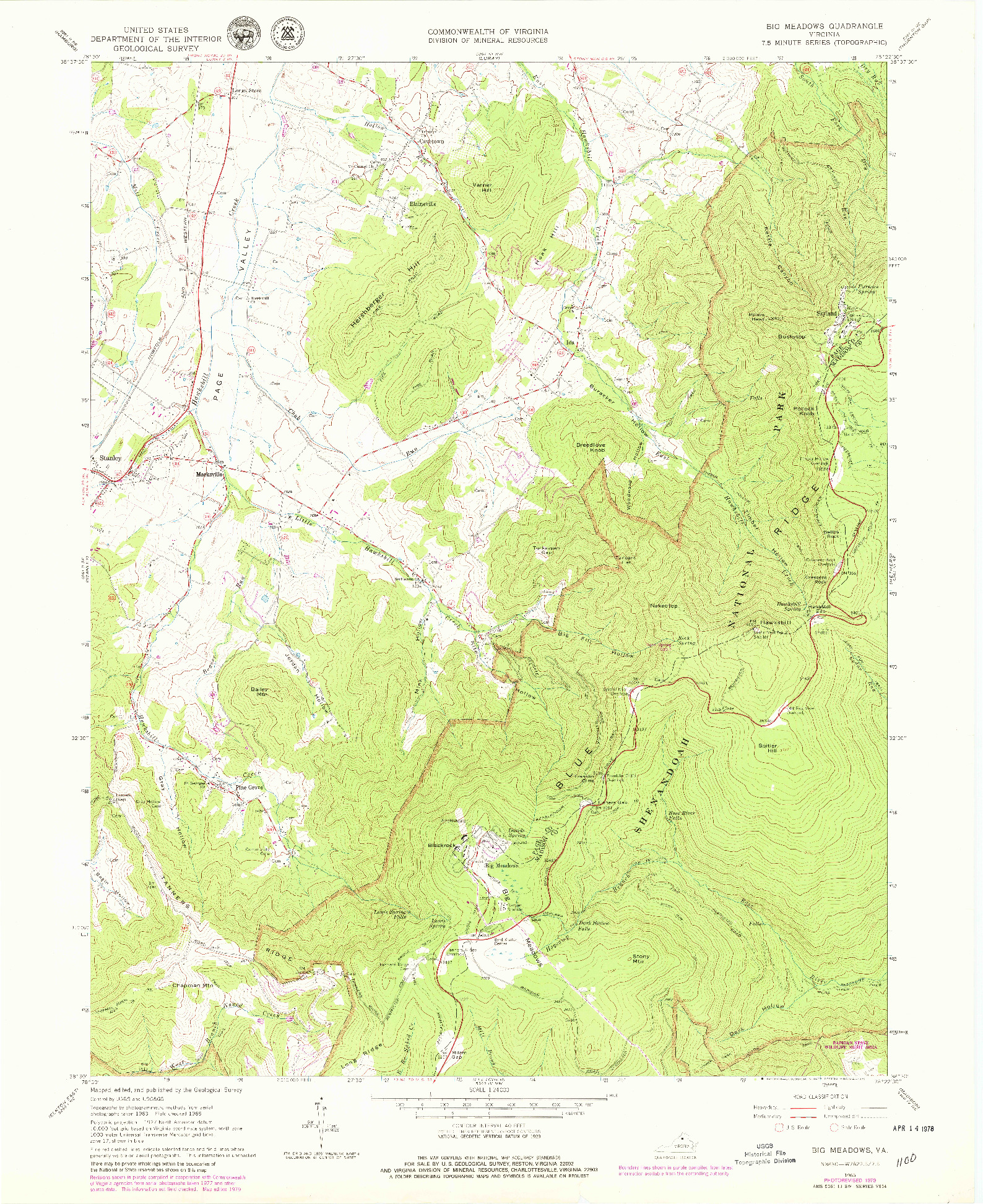 USGS 1:24000-SCALE QUADRANGLE FOR BIG MEADOWS, VA 1965