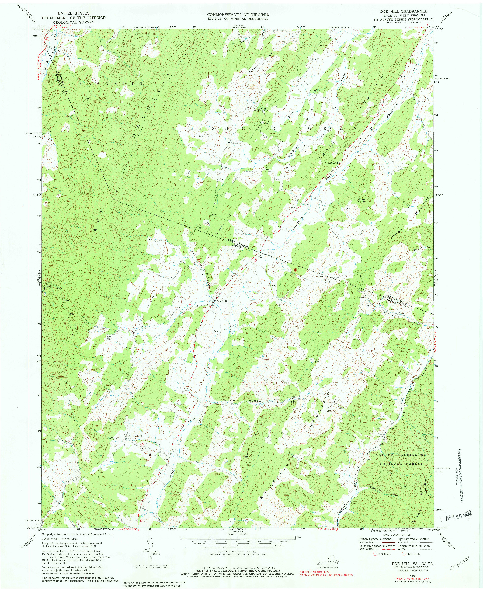 USGS 1:24000-SCALE QUADRANGLE FOR DOE HILL, VA 1968
